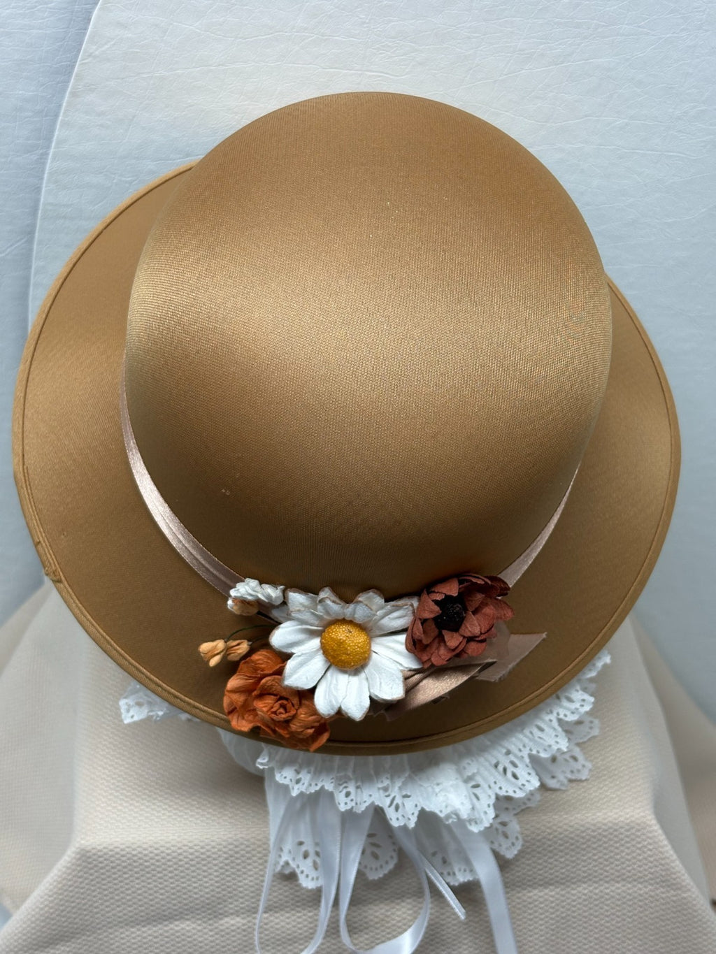 Tan Bowler Derby Hat - Boho Floral Daisy Rose - Tea Party Church Hat - Handmade