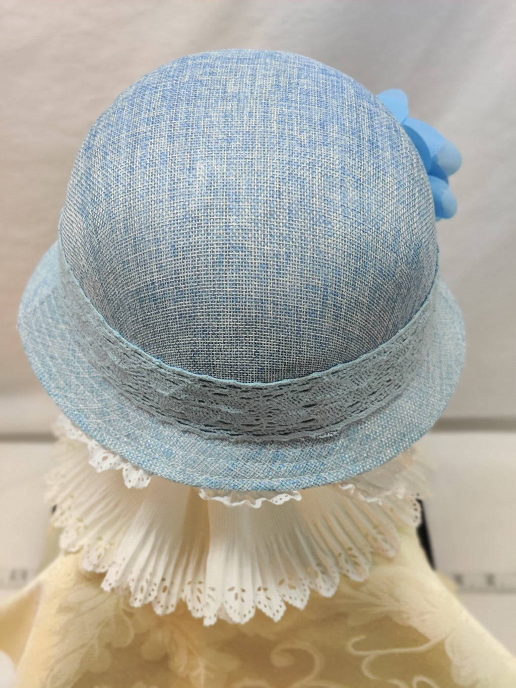 Angela & Williams Cloche Hat Baby Blue Linen -Embellished Pearl Rhinestones Lace