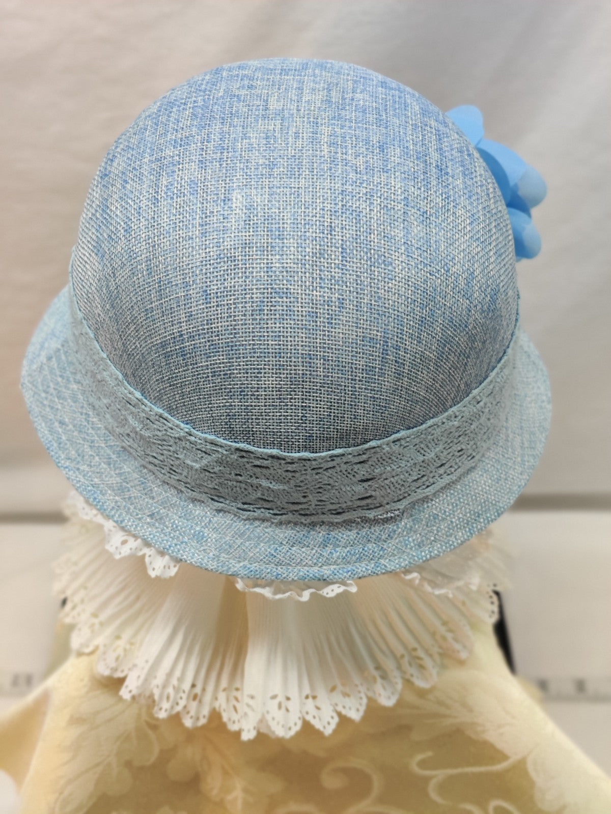 Angela & Williams Cloche Hat Baby Blue Linen -Embellished Pearl Rhinestones Lace