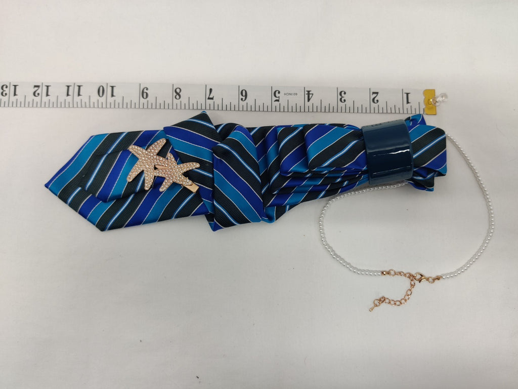 Women's Beach Jabot Necklace - Blue Black Striped Satin Tie - Starfish Brooch