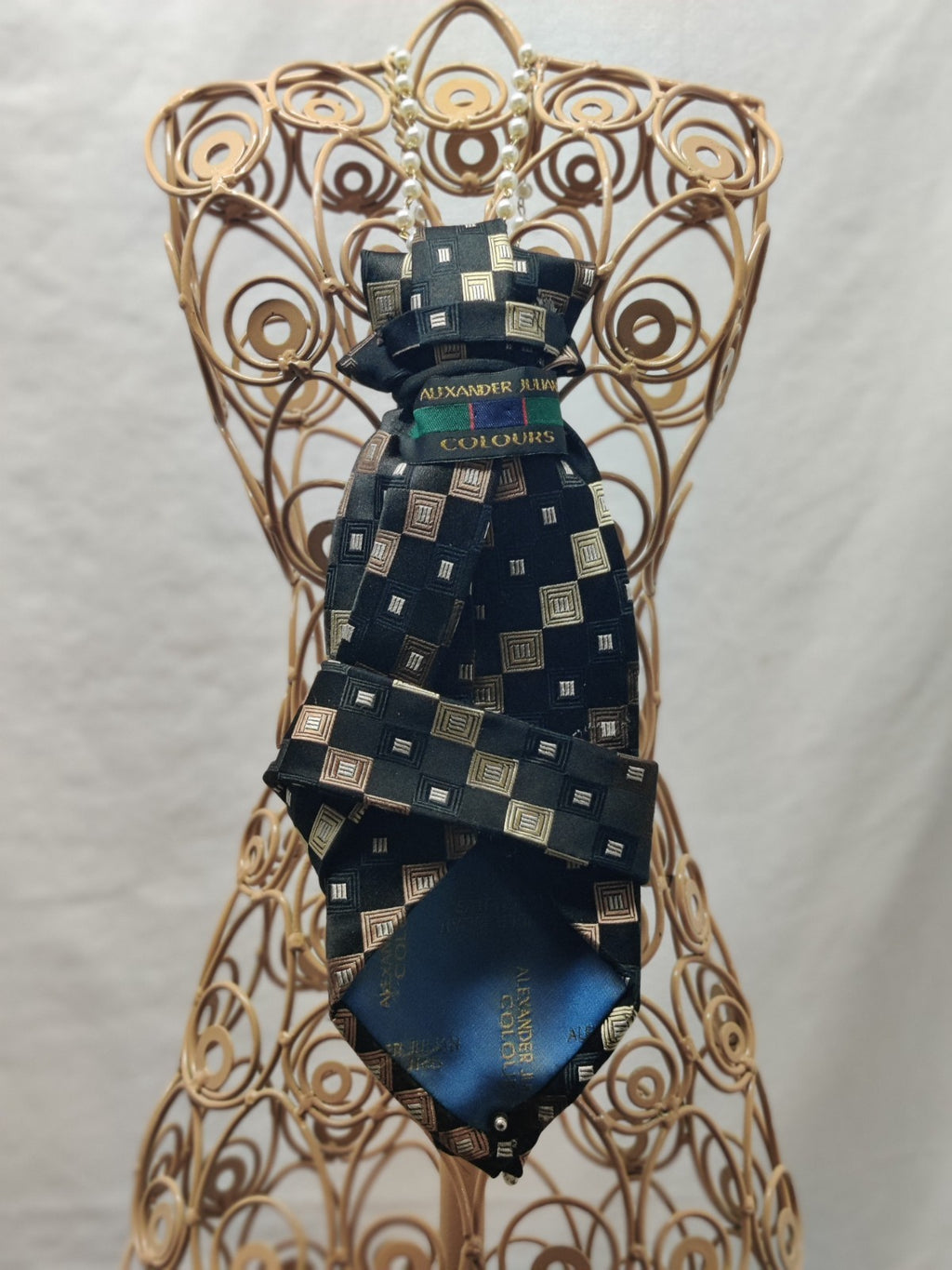 Women's Luxury Jabot Necklace - Black Geometric Silk Tie - Rhinestone Brooch