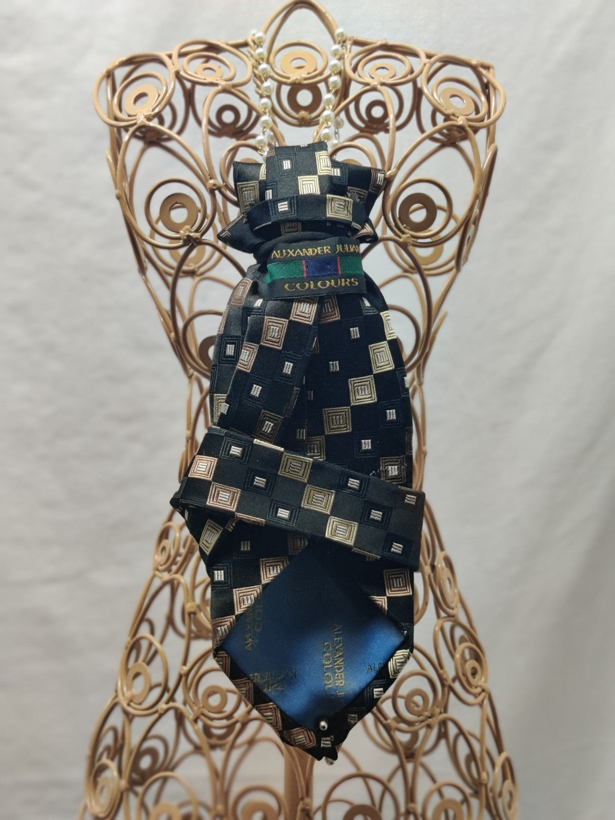 Women's Luxury Jabot Necklace - Black Geometric Silk Tie - Rhinestone Brooch