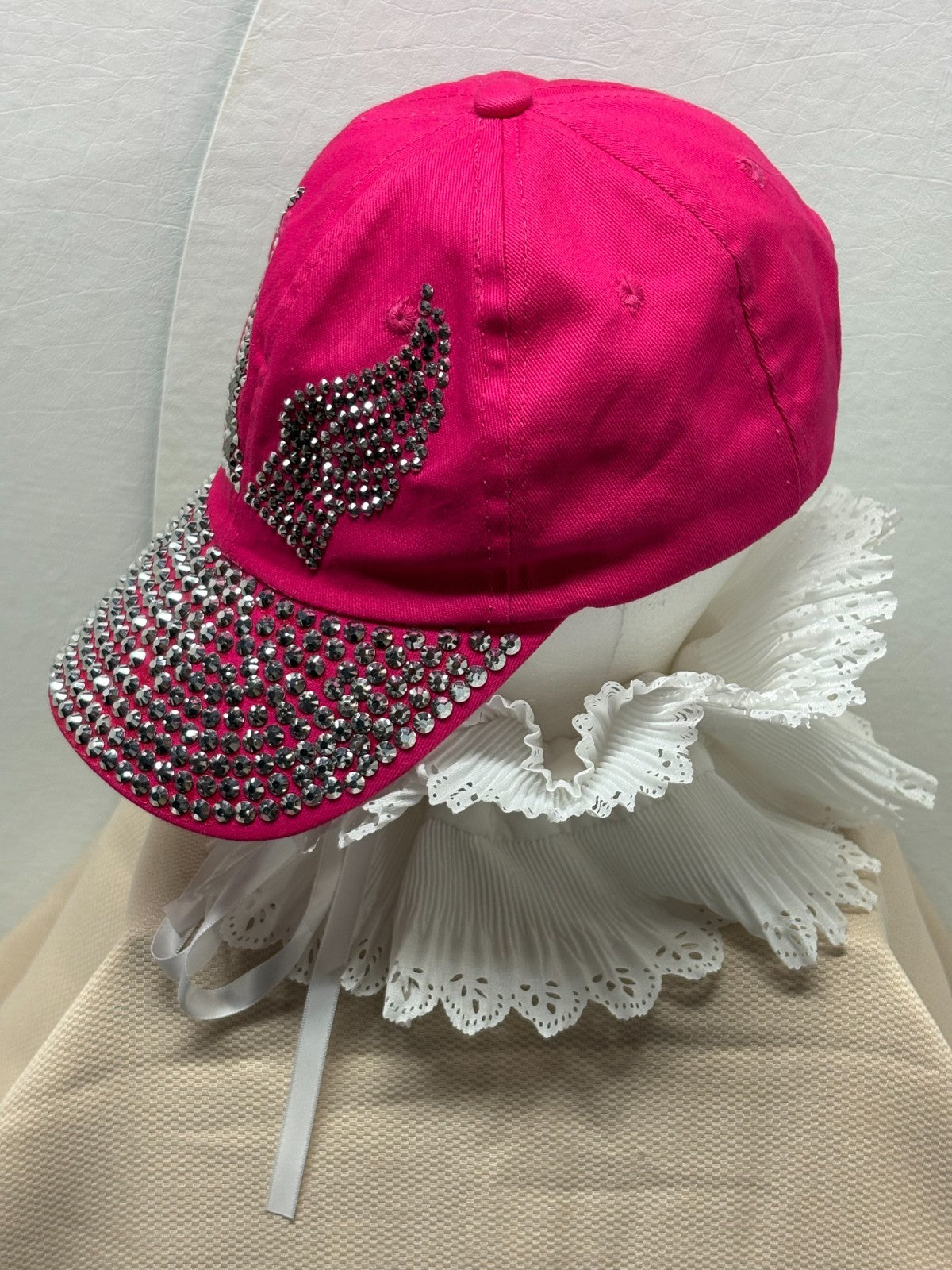Hot Pink Bling Baseball Cap - Silver Rhinestone Angel Wings & Full Crystal Brim
