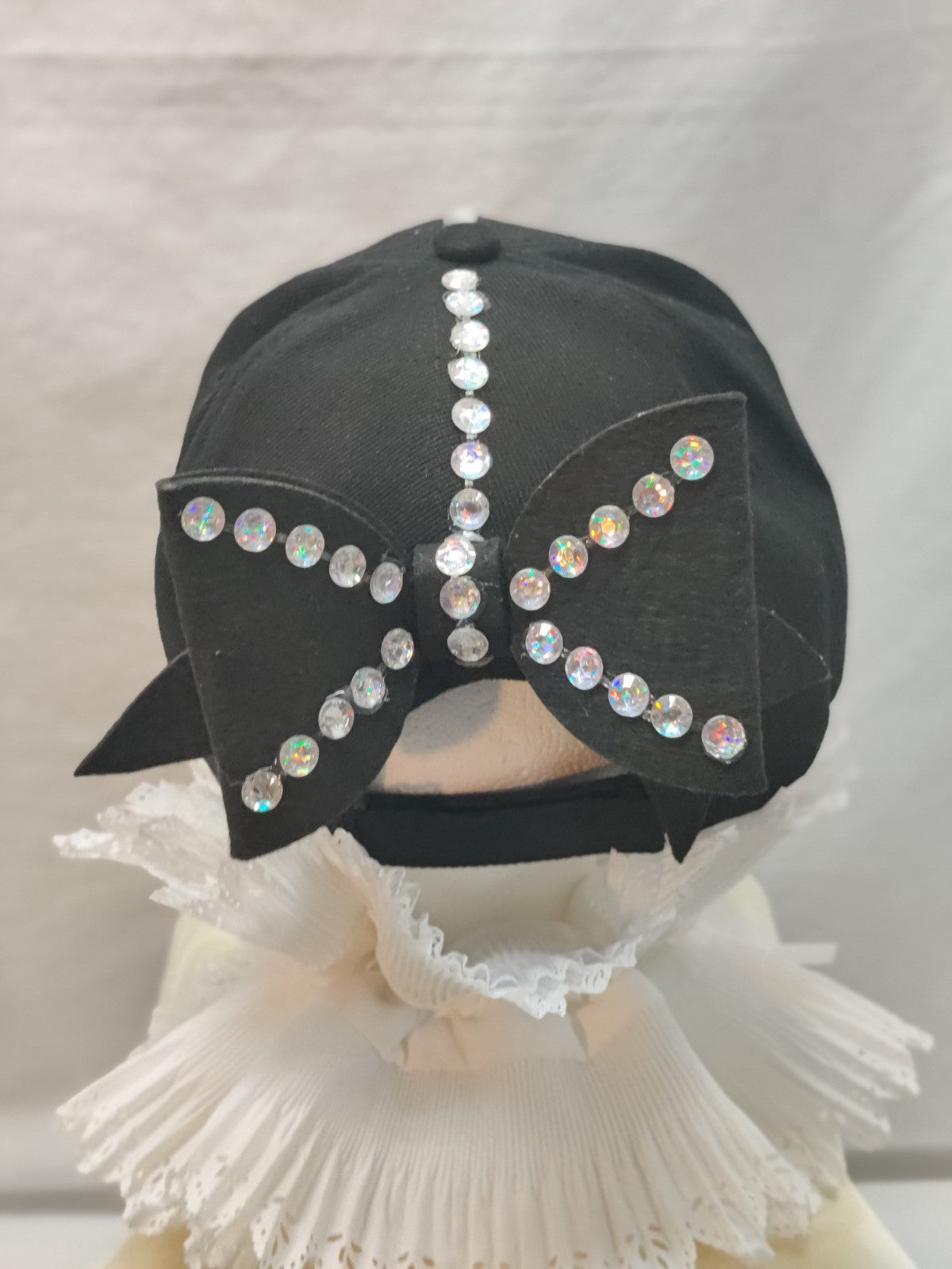 Black Baseball Cap Bow Back Bunny Ears - Iridescent Rhinestone Bling - Coquette