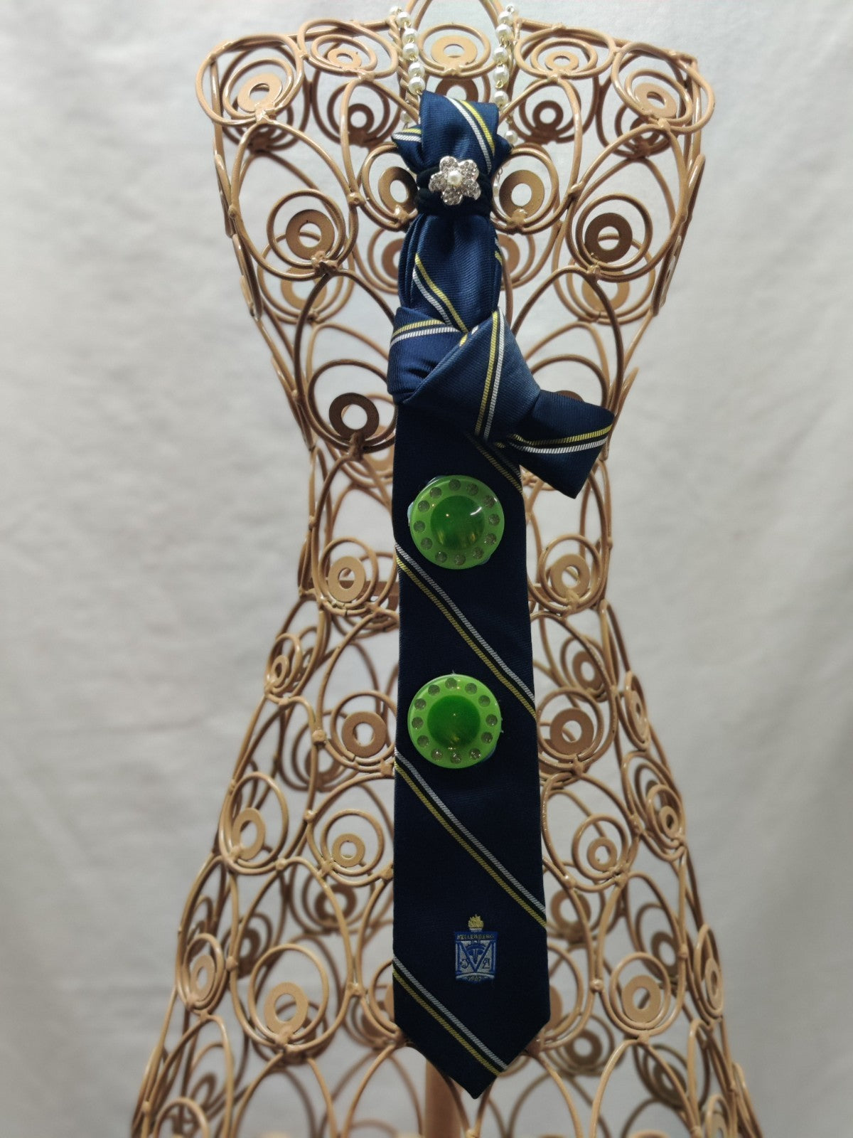 Women's School Tie Jabot Necklace - Navy Yellow Striped - Green Statement Button