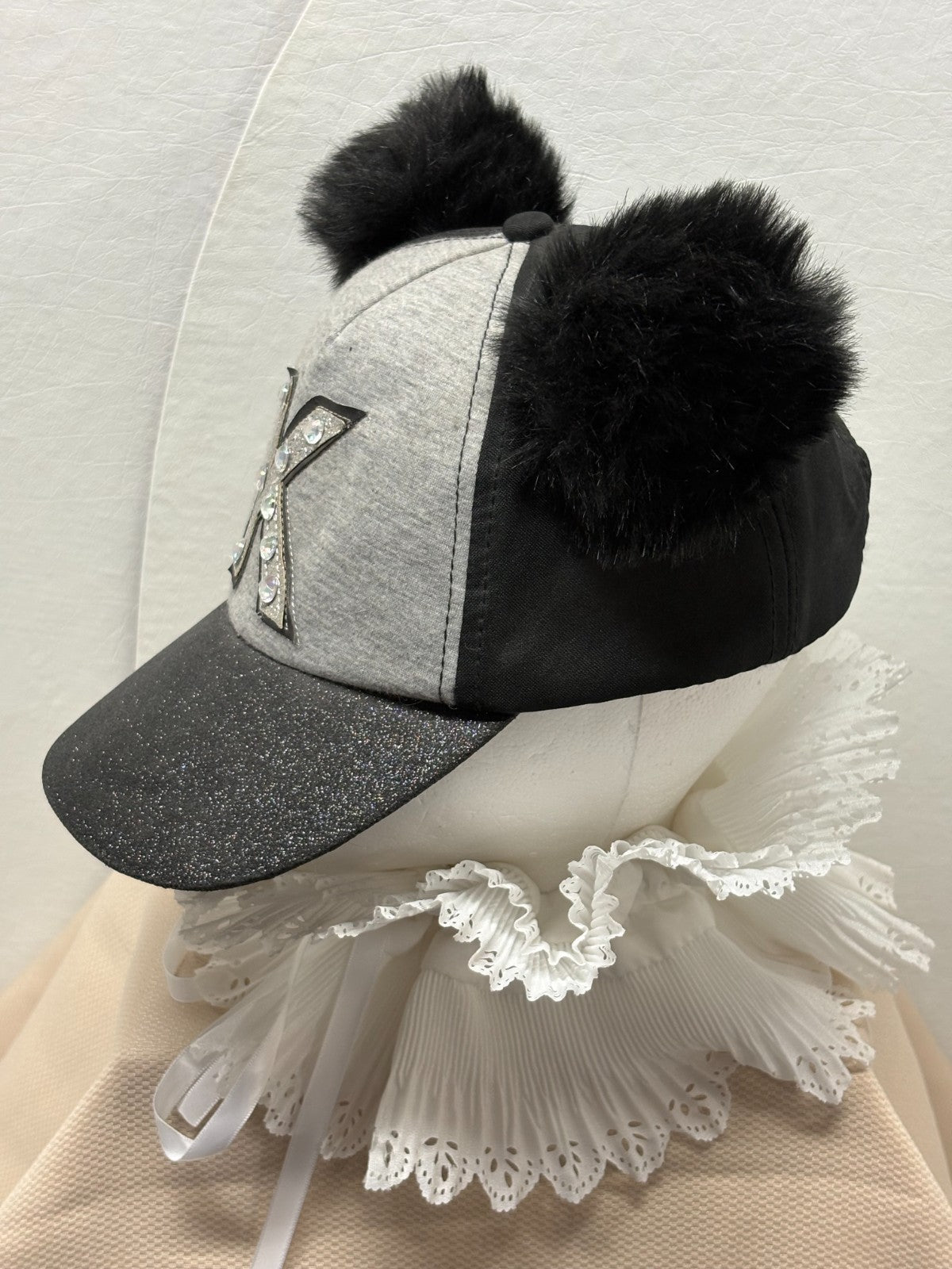 Black Grey Bling Baseball Cap Letter K - Sparkle Glitter Brim - Fuzzy Ears