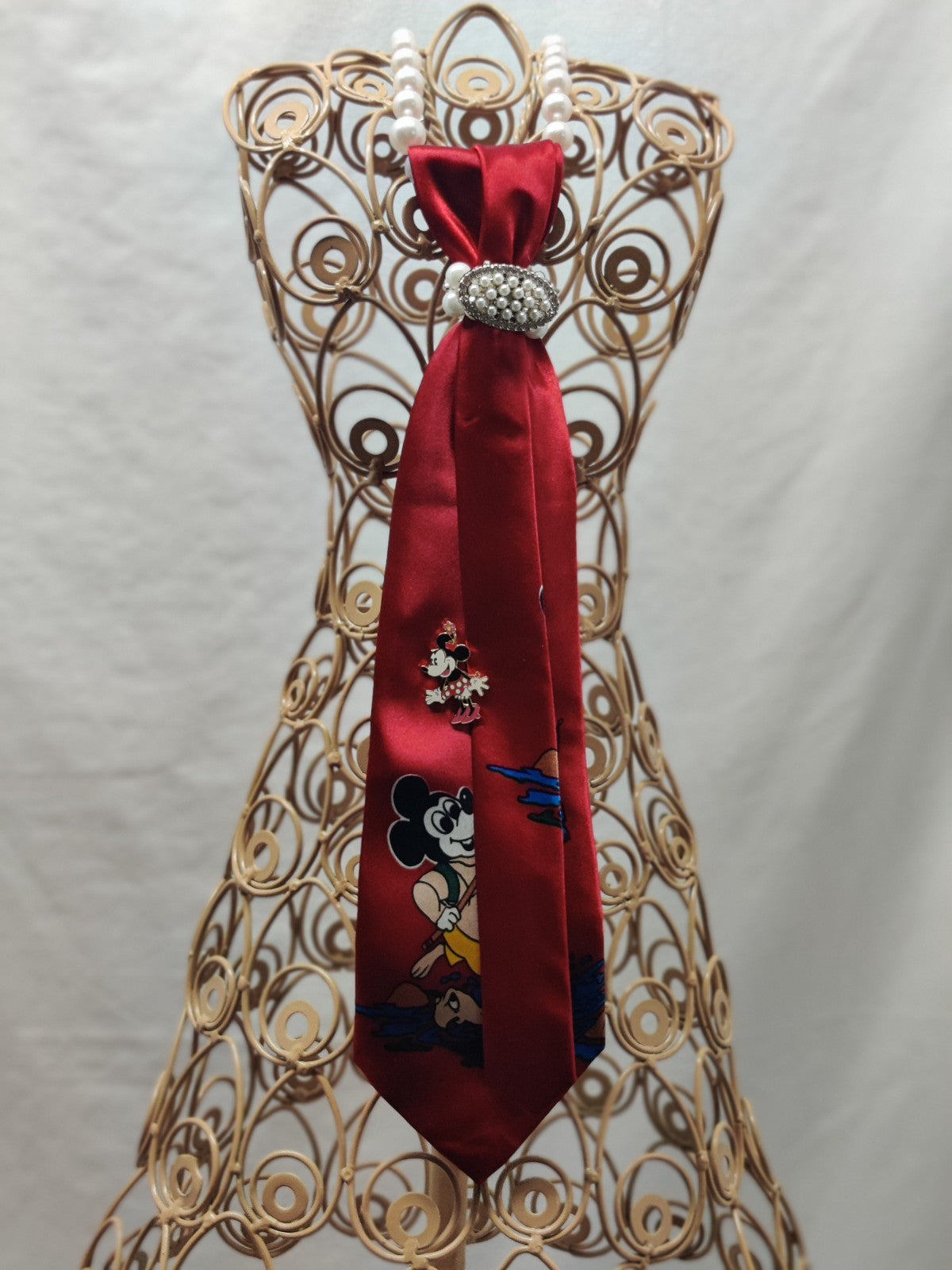 Women's Disney Jabot Necklace - Red Satin Silk Tie - Mickey Mouse - Pearl