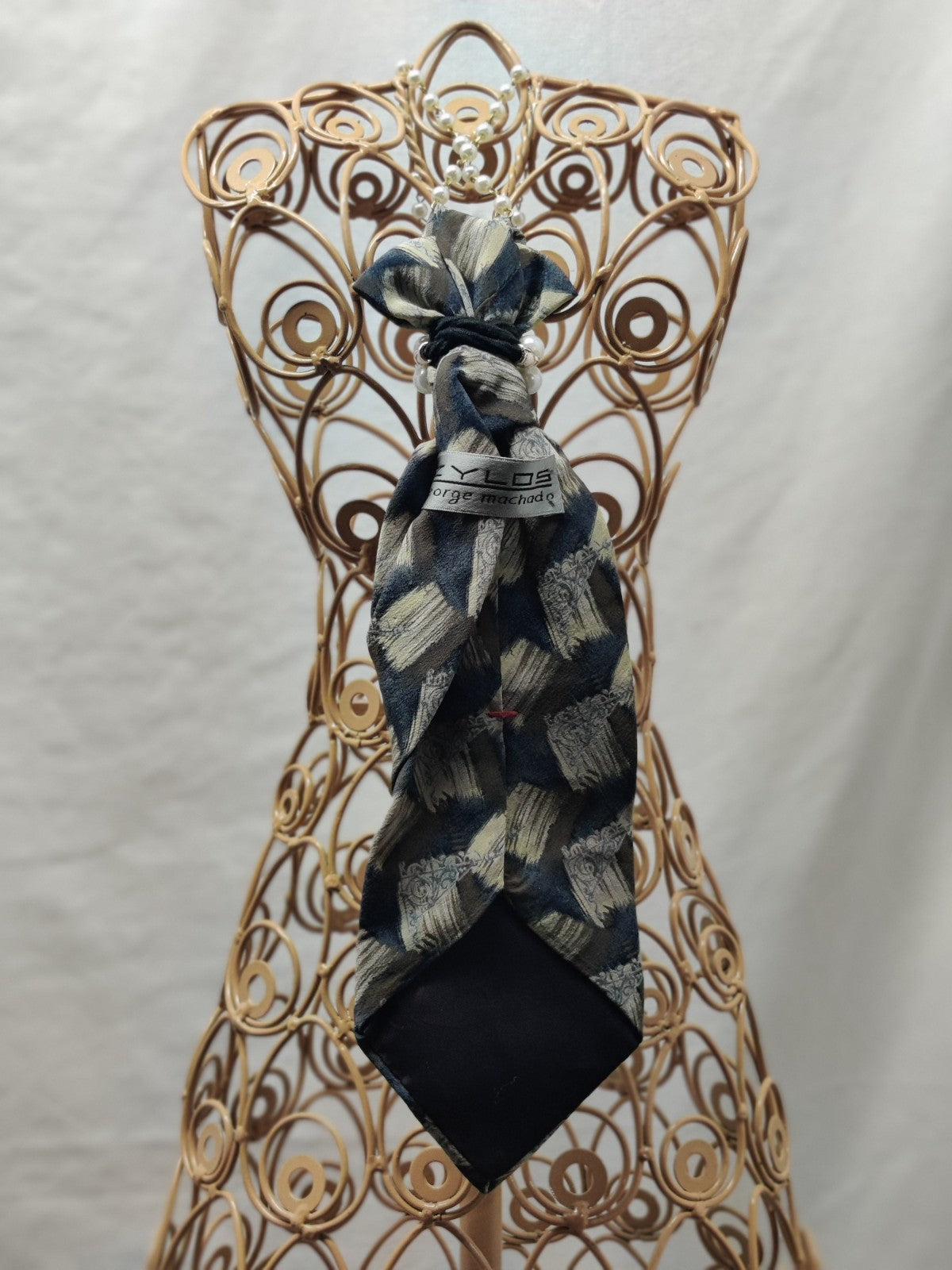 Women's Necktie Necklace Jabot - Upcycled Blue Silk Tie - Pearl Chain - Vintage