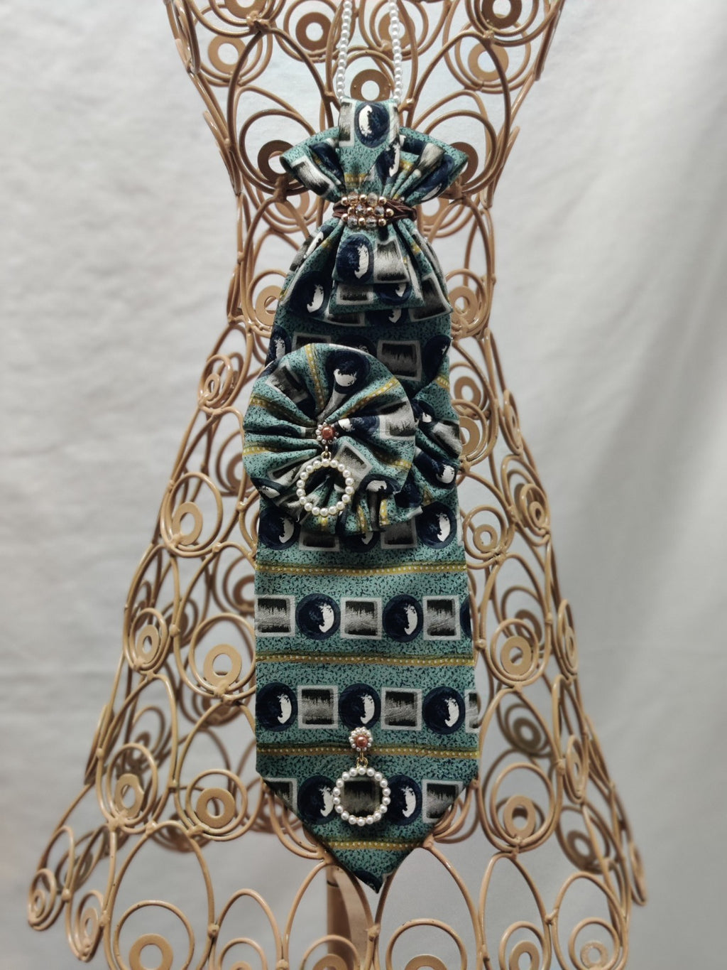 Women's Couture Jabot Necklace - Teal Abstract Tie - Pearl Circle Drops