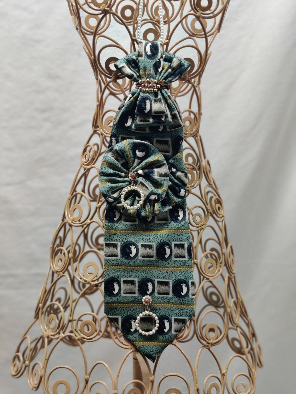 Women's Couture Jabot Necklace - Teal Abstract Tie - Pearl Circle Drops