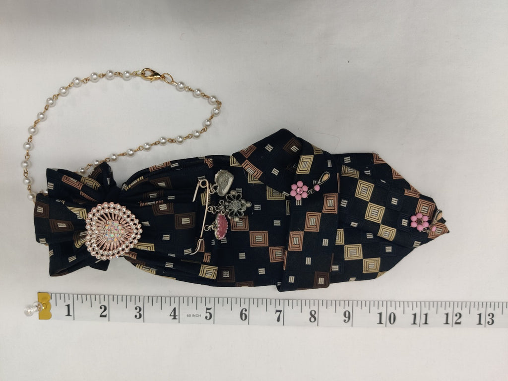 Women's Luxury Jabot Necklace - Black Geometric Silk Tie - Rhinestone Brooch