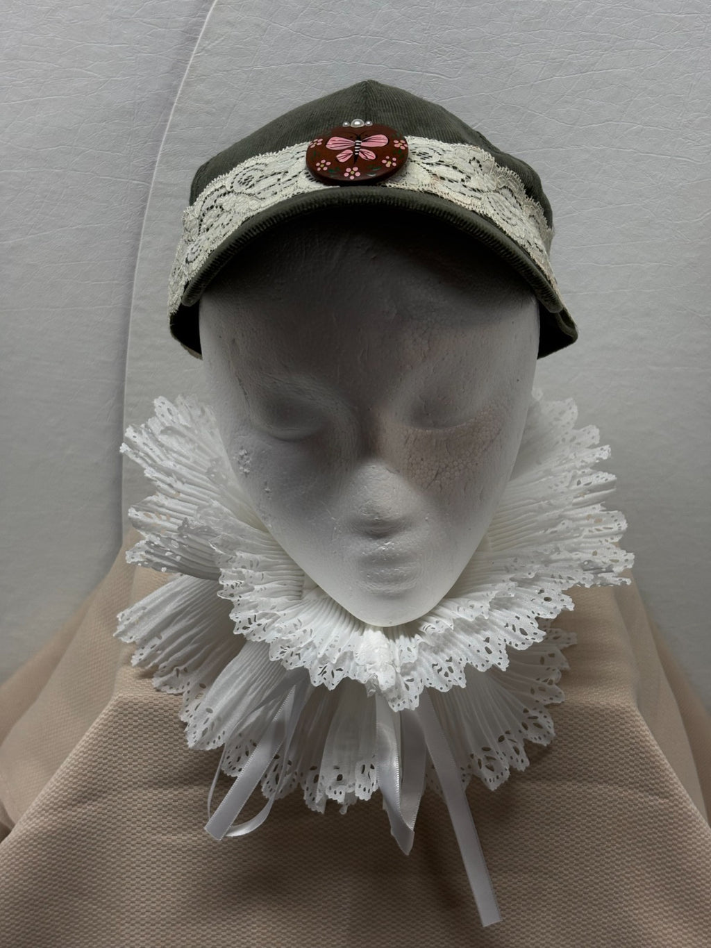 Olive Green Baseball Cap - White Lace band - Hand Painted Pink Butterfly Button