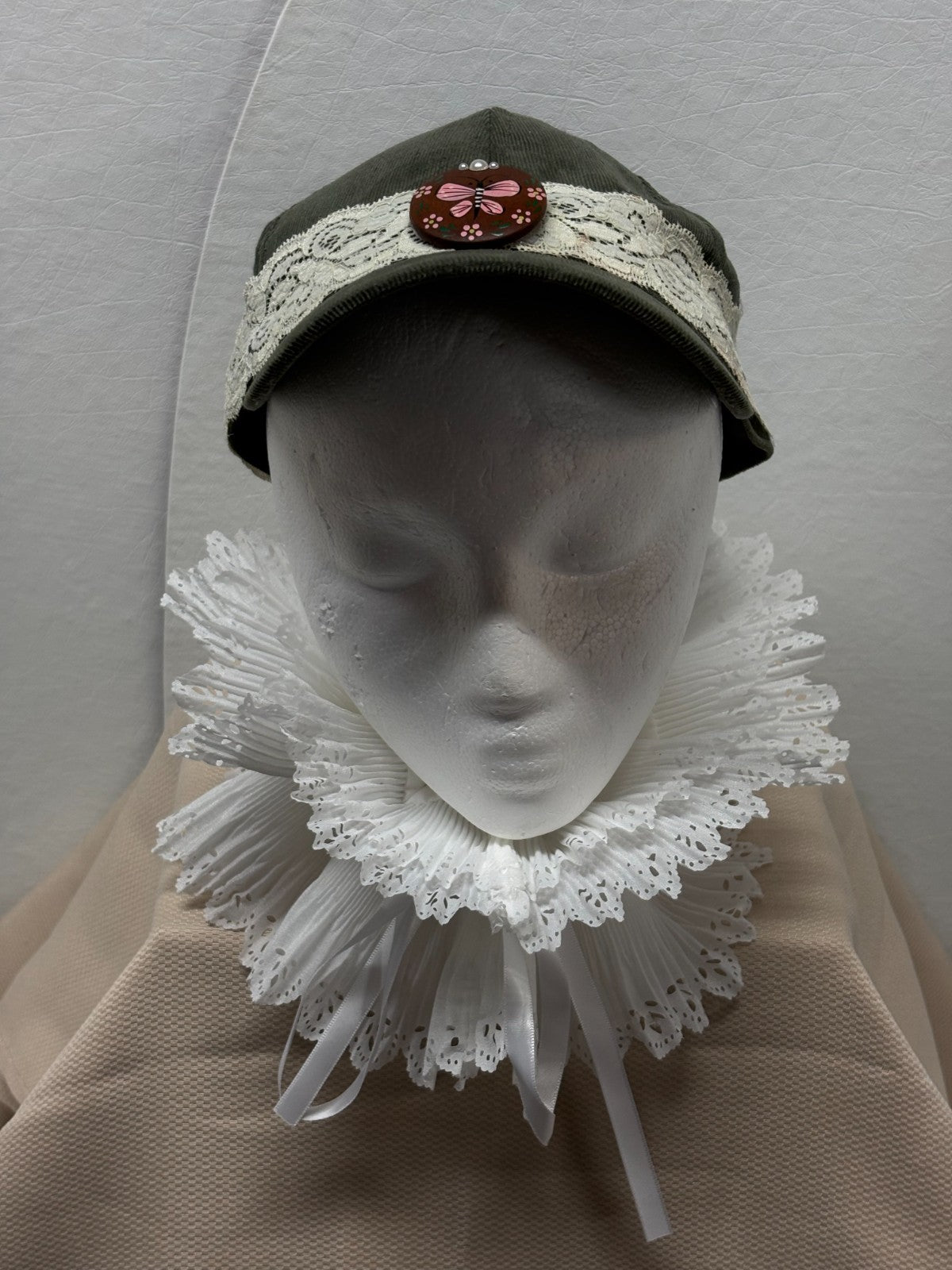 Olive Green Baseball Cap - White Lace band - Hand Painted Pink Butterfly Button