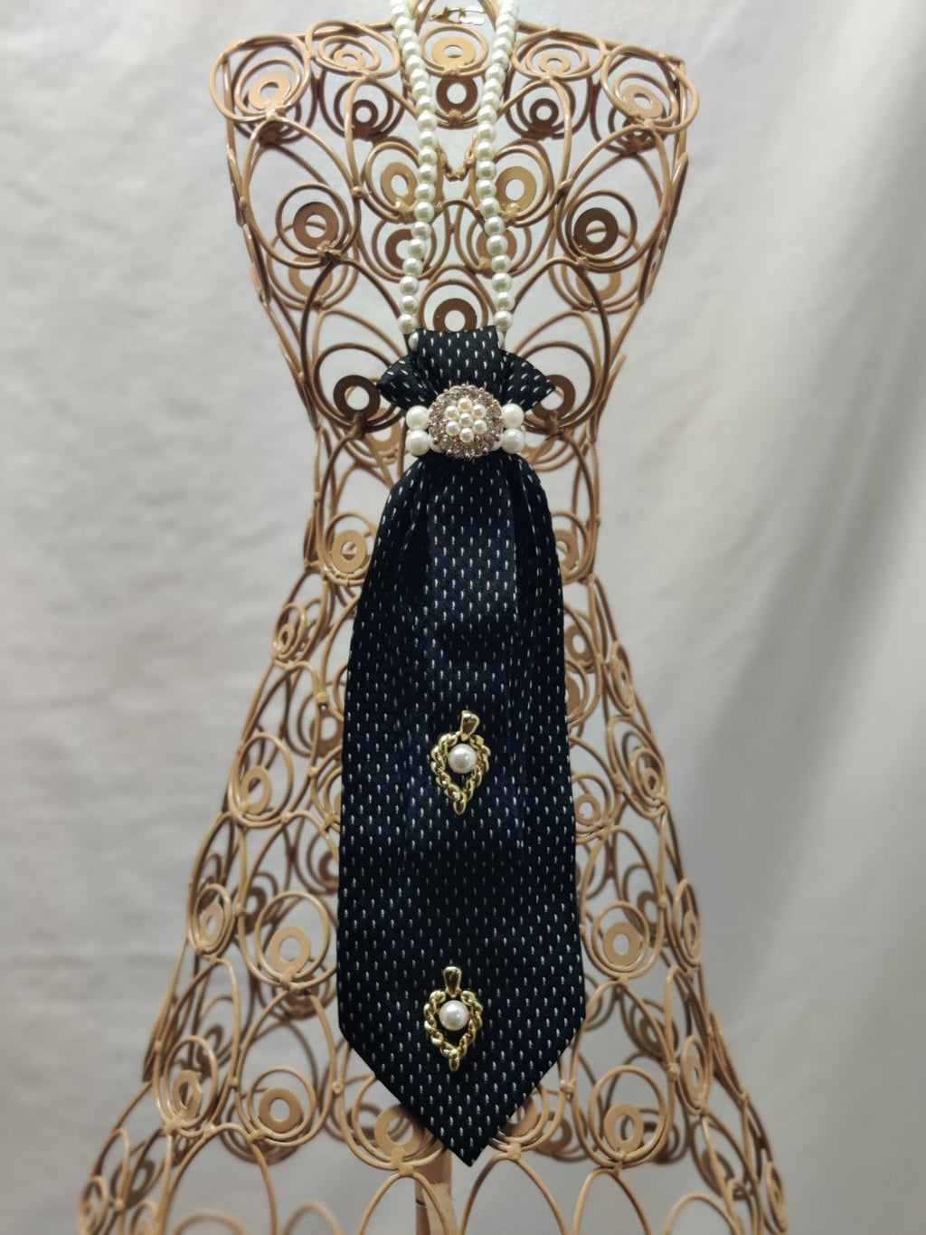 Women's Elegant Jabot Necklace - Black White Dot Silk Tie - Pearl Crystal Brooch