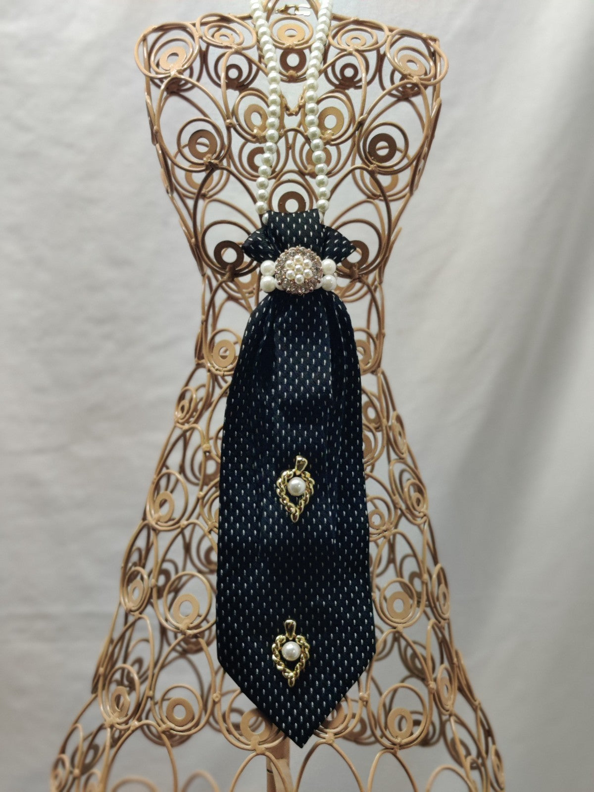Women's Elegant Jabot Necklace - Black White Dot Silk Tie - Pearl Crystal Brooch
