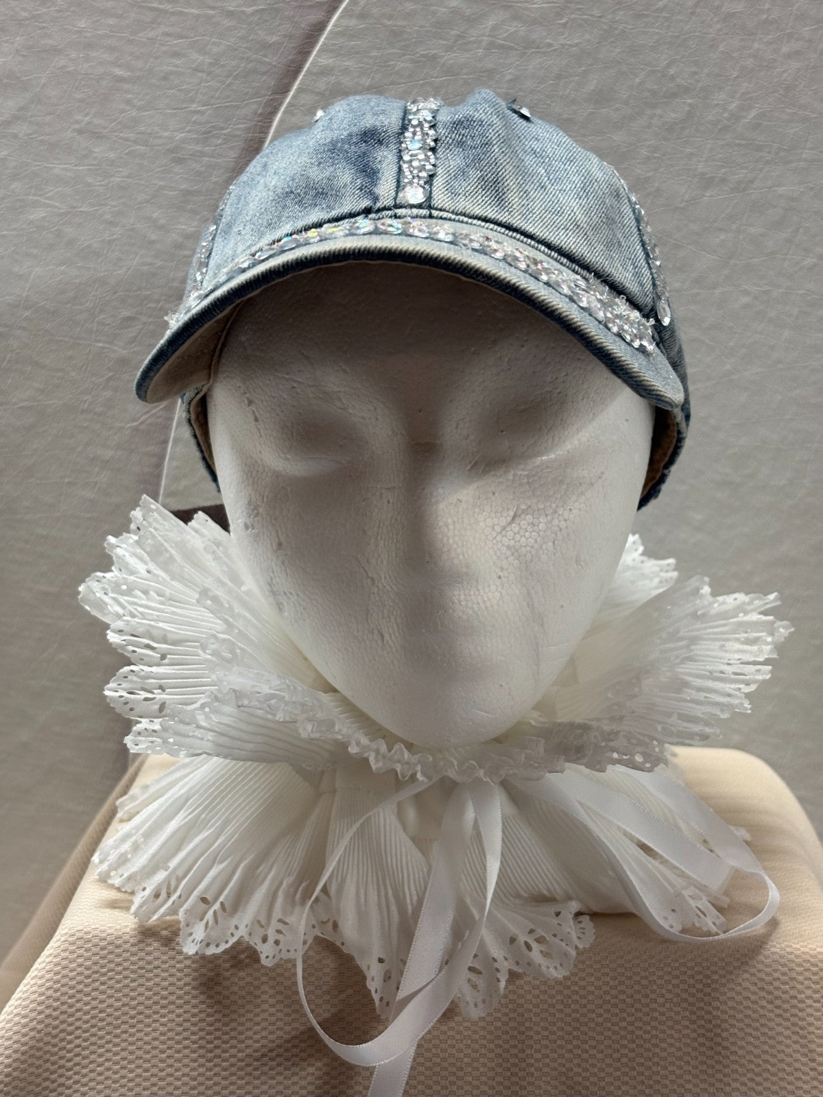 Handmade Denim Rhinestone Baseball Cap- Bling Jean Hat - Distressed Crystal