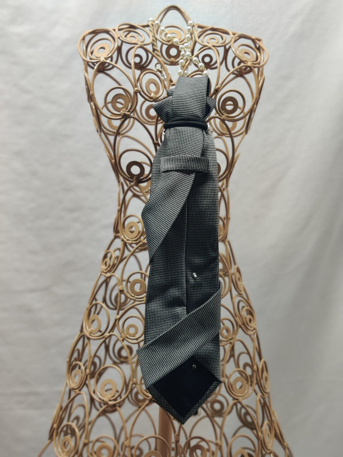 Women's Bow Tie Necklace - Black & White Micro Dot Silk Tie - Pearl Bow Brooch