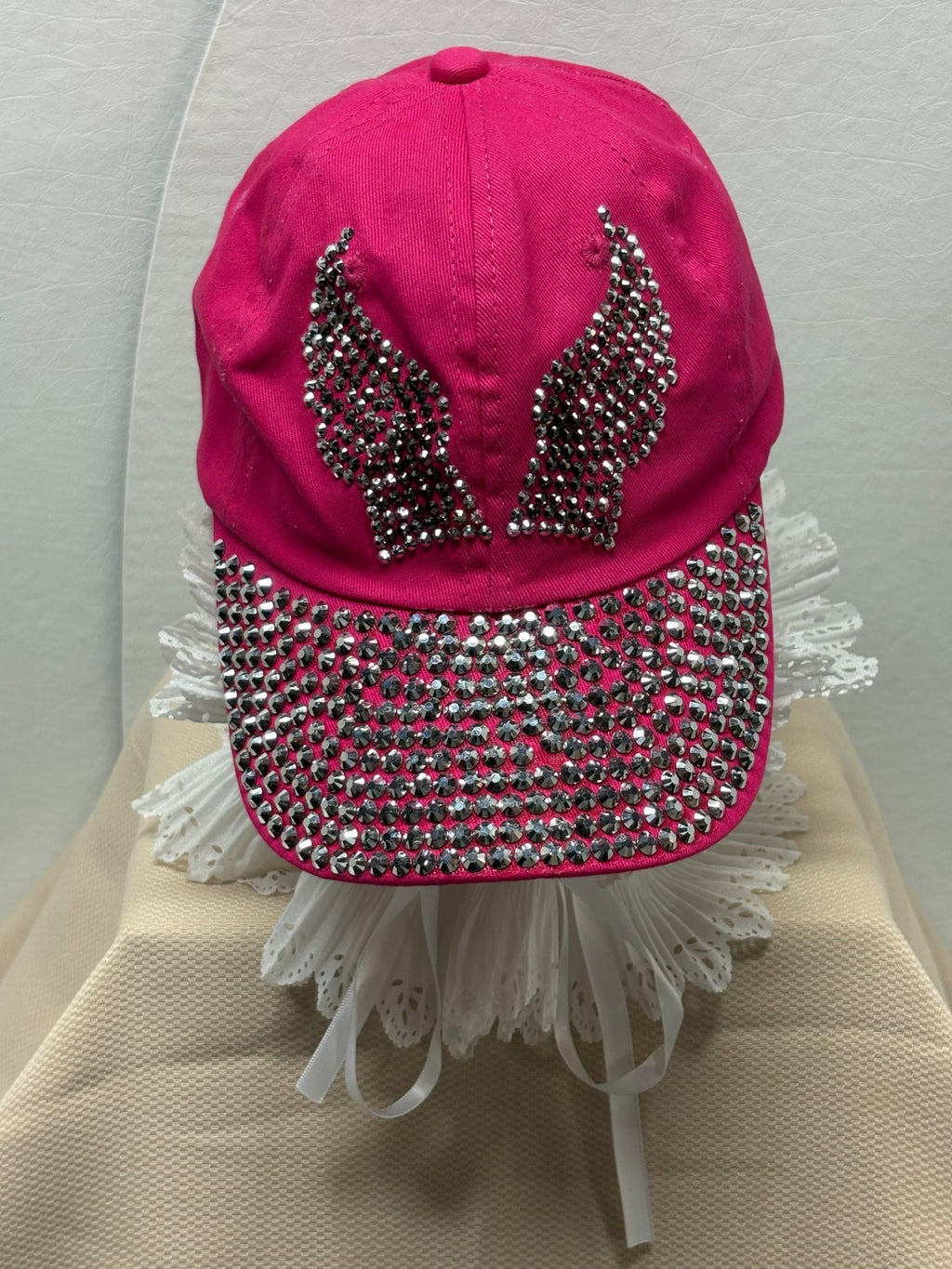 Hot Pink Bling Baseball Cap - Silver Rhinestone Angel Wings & Full Crystal Brim