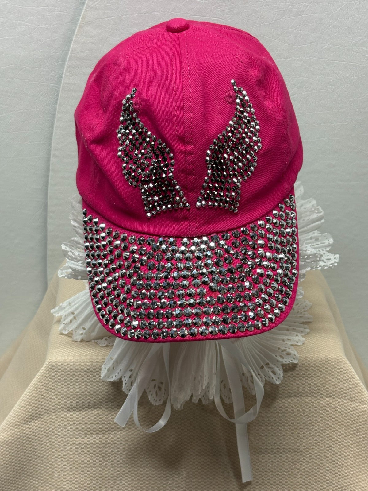 Hot Pink Bling Baseball Cap - Silver Rhinestone Angel Wings & Full Crystal Brim