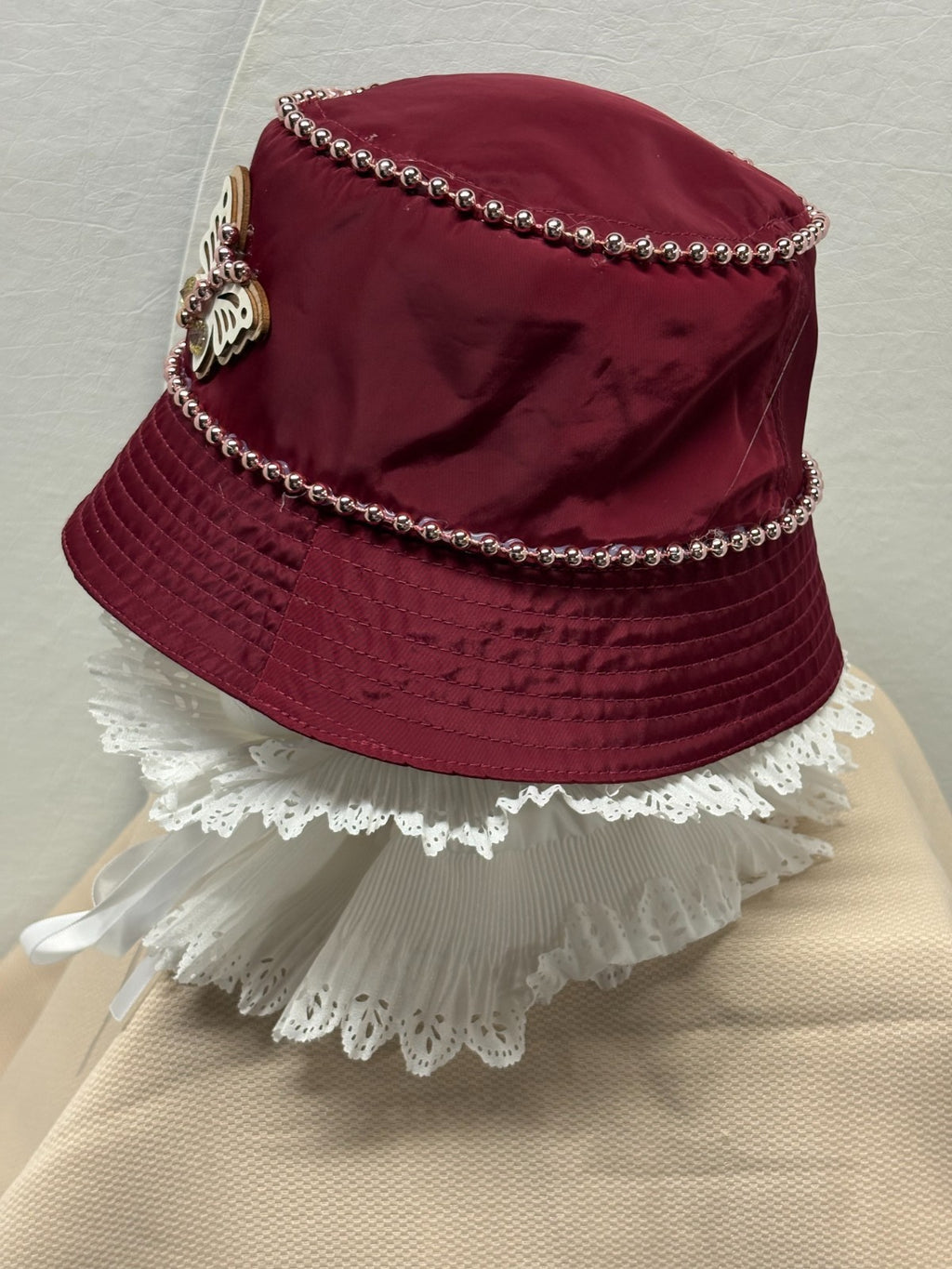 Steve Madden Burgundy Bucket Hat - Pearl Chain and Butterfly Bling - Handmade