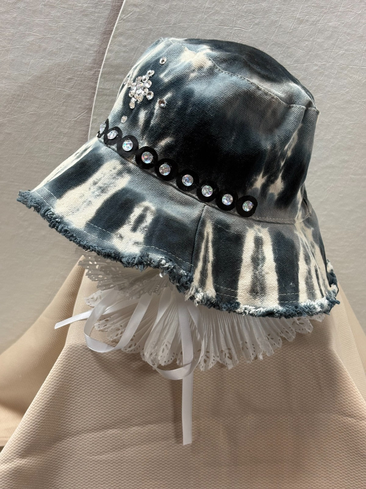 Handmade Tie Dye Bucket Hat - Boho Rhinestone Lace Ruffle Hat festival Distress