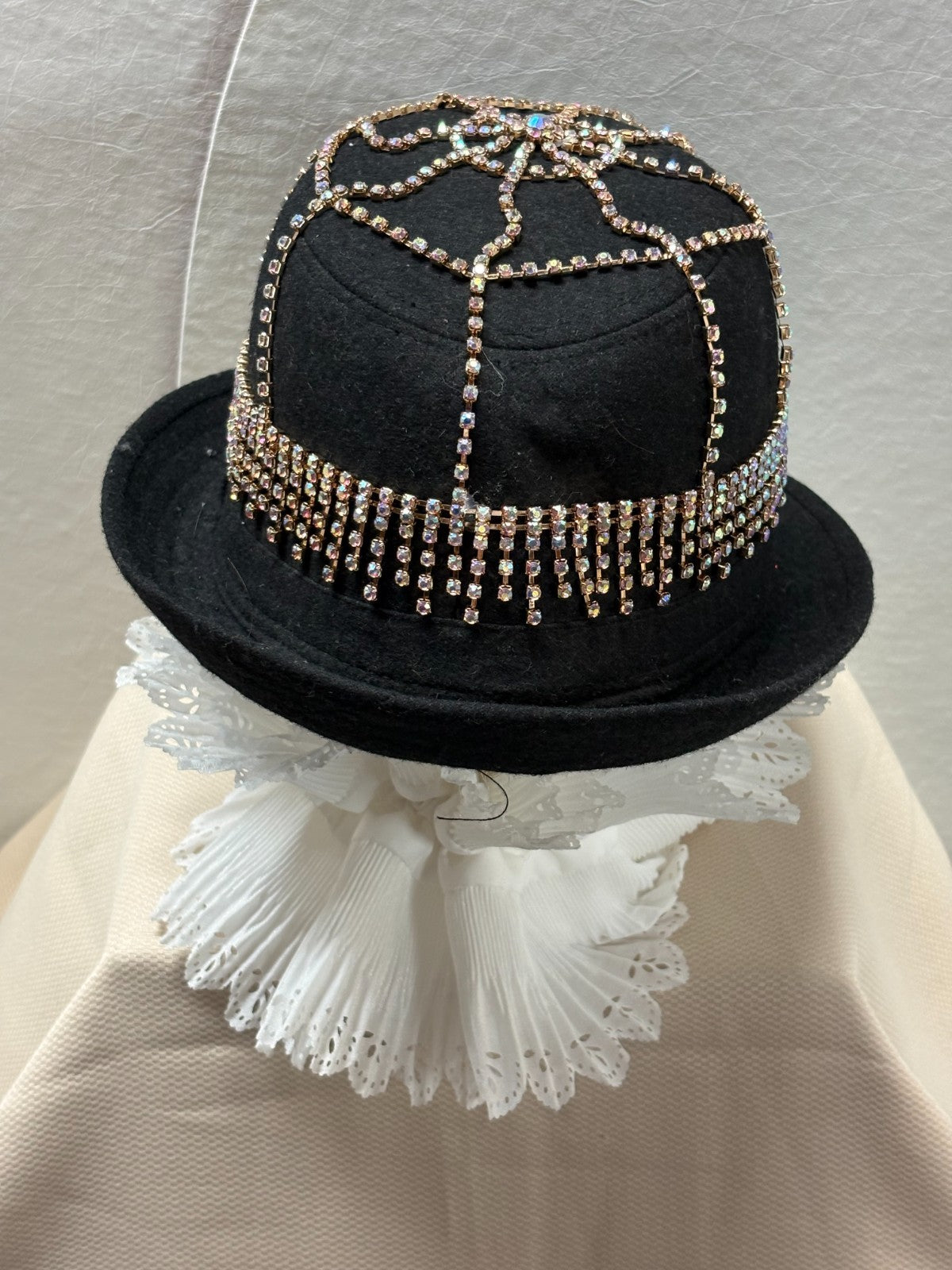 Black Felt Fedora Hat - Rhinestone Fringe Bling Fedora - Rose Gold Crystal