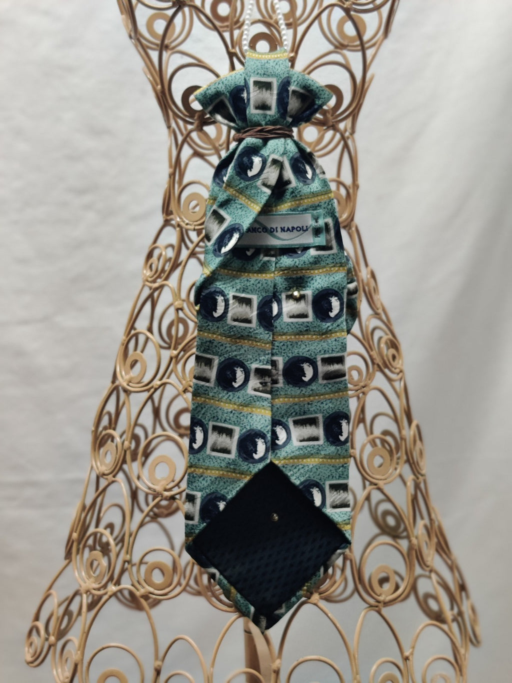 Women's Couture Jabot Necklace - Teal Abstract Tie - Pearl Circle Drops