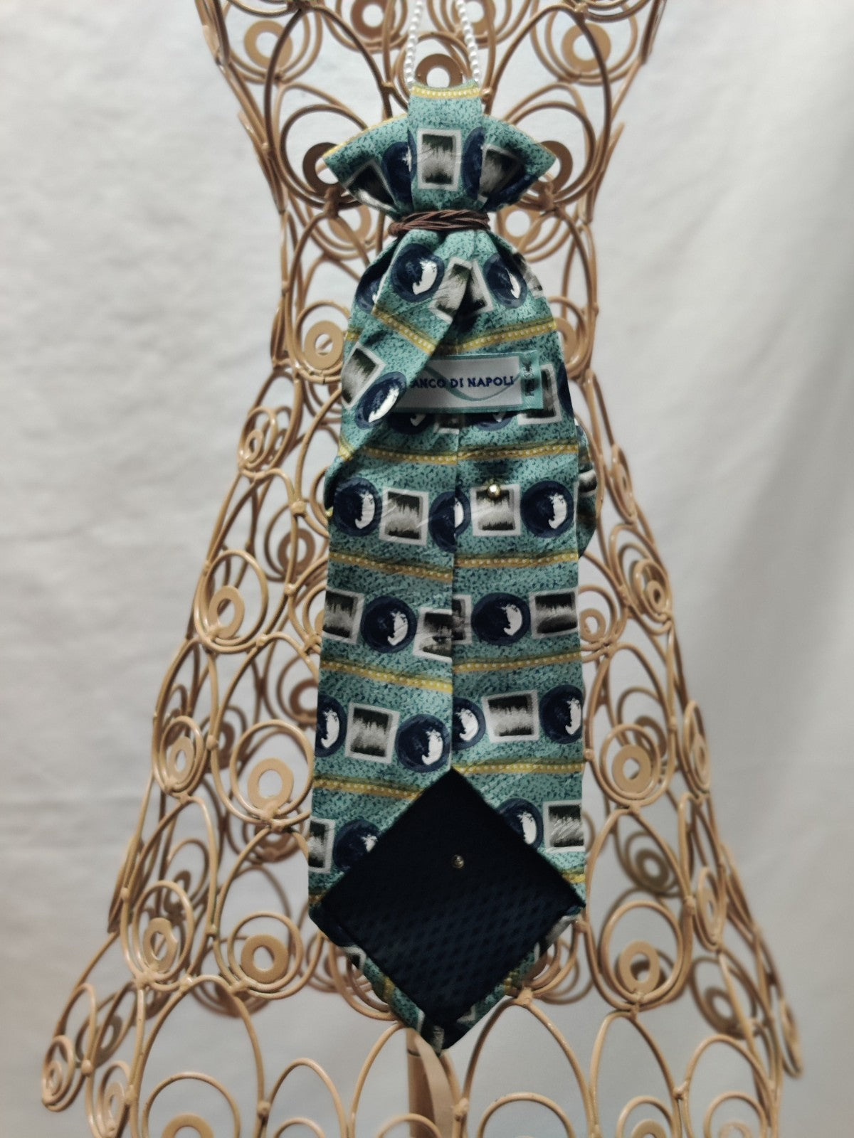 Women's Couture Jabot Necklace - Teal Abstract Tie - Pearl Circle Drops