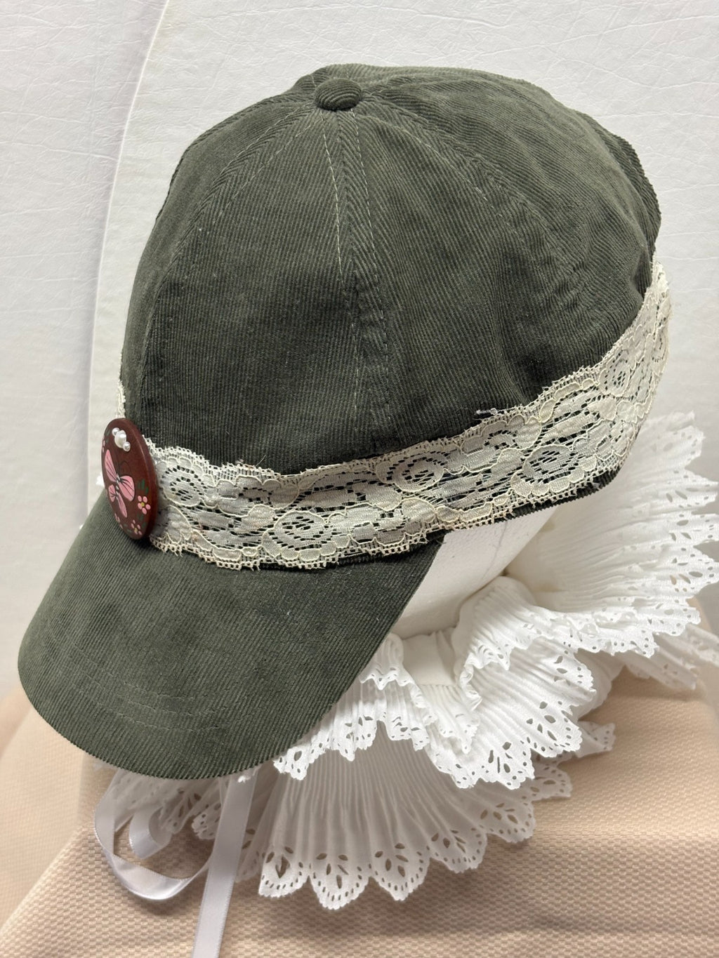 Olive Green Baseball Cap - White Lace band - Hand Painted Pink Butterfly Button