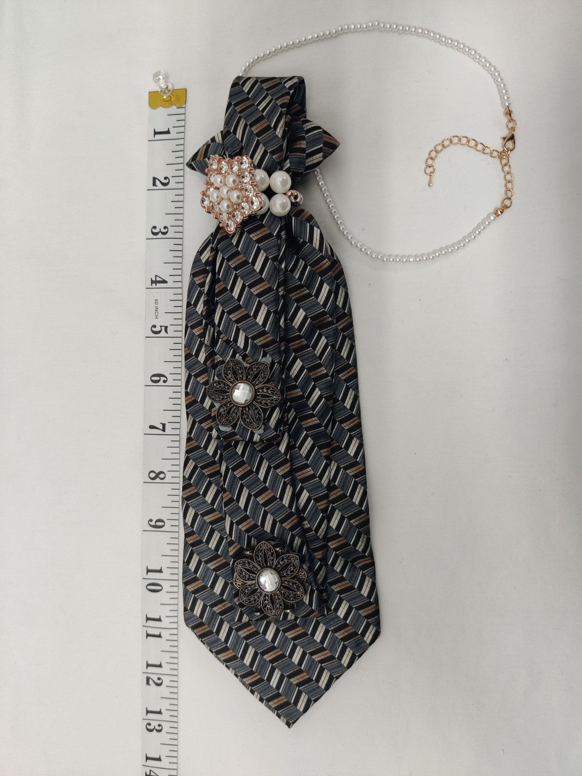 Women's Executive Jabot Necklace - Black Silver Gray Zigzag Tie -Floral Brooches