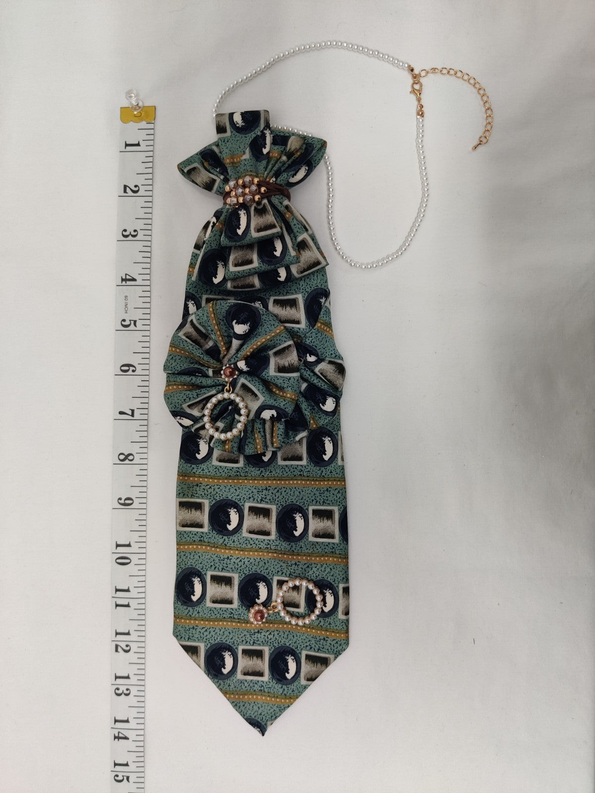 Women's Couture Jabot Necklace - Teal Abstract Tie - Pearl Circle Drops