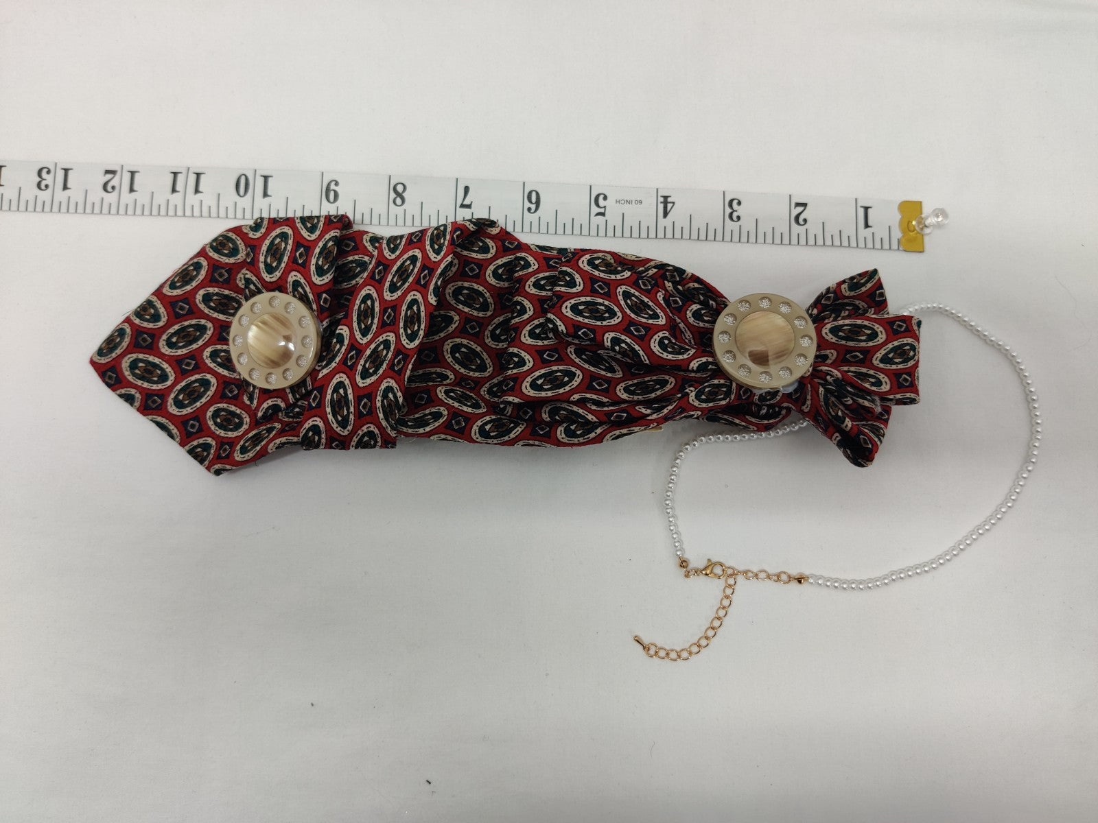Women's Jabot Necklace - Red Vintage Paisley Tie - Pearl Chain - Oval Buttons