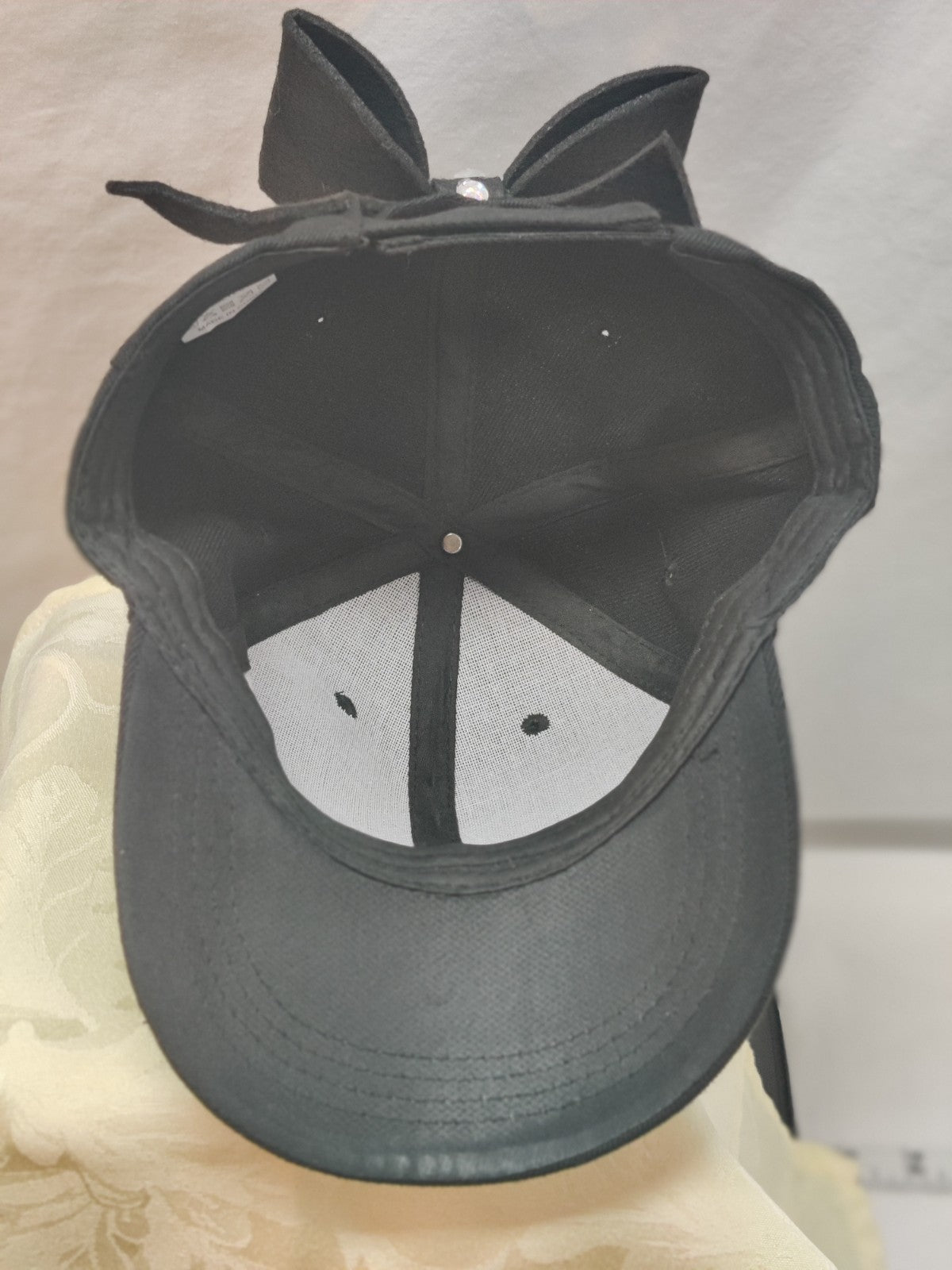 Black Baseball Cap Bow Back Bunny Ears - Iridescent Rhinestone Bling - Coquette