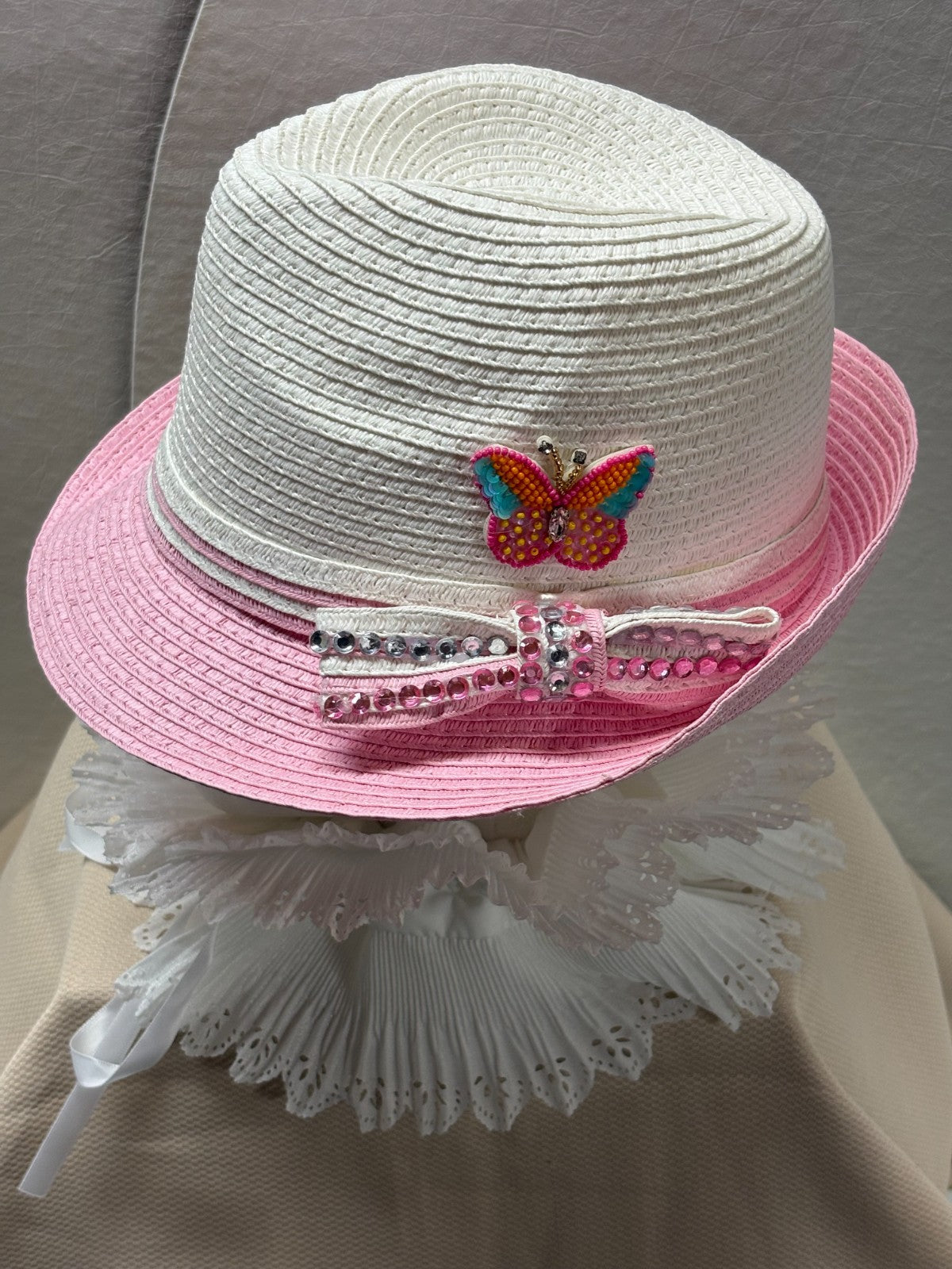 Pink &White Fedora Hat - Girls Women Straw Fedora - Rhinestone Bow & Butterfly