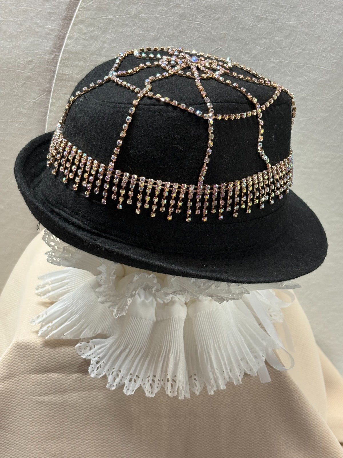 Black Felt Fedora Hat - Rhinestone Fringe Bling Fedora - Rose Gold Crystal