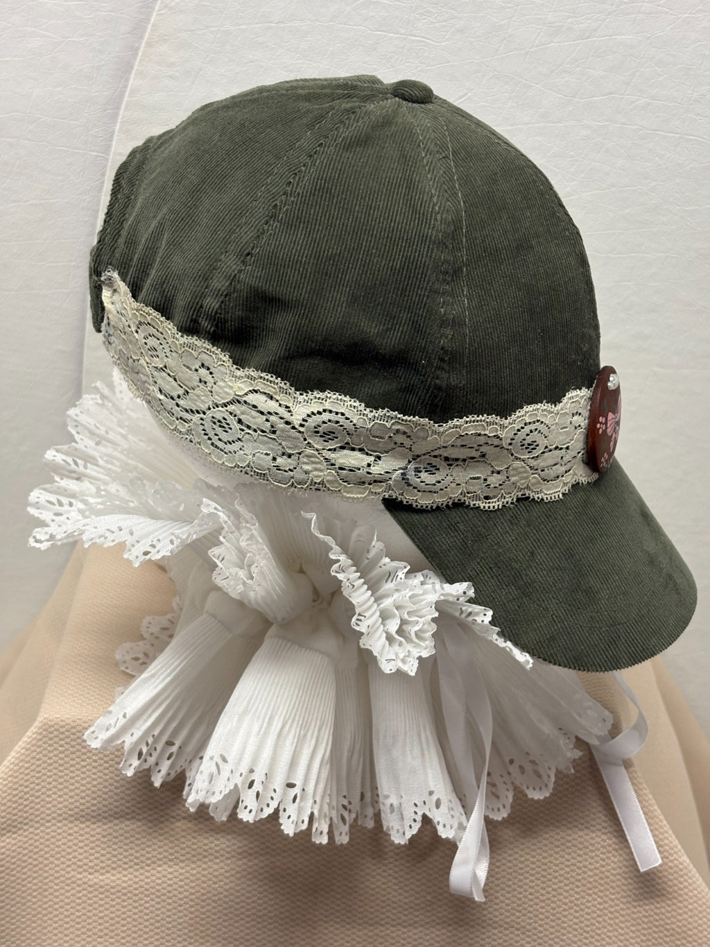 Olive Green Baseball Cap - White Lace band - Hand Painted Pink Butterfly Button