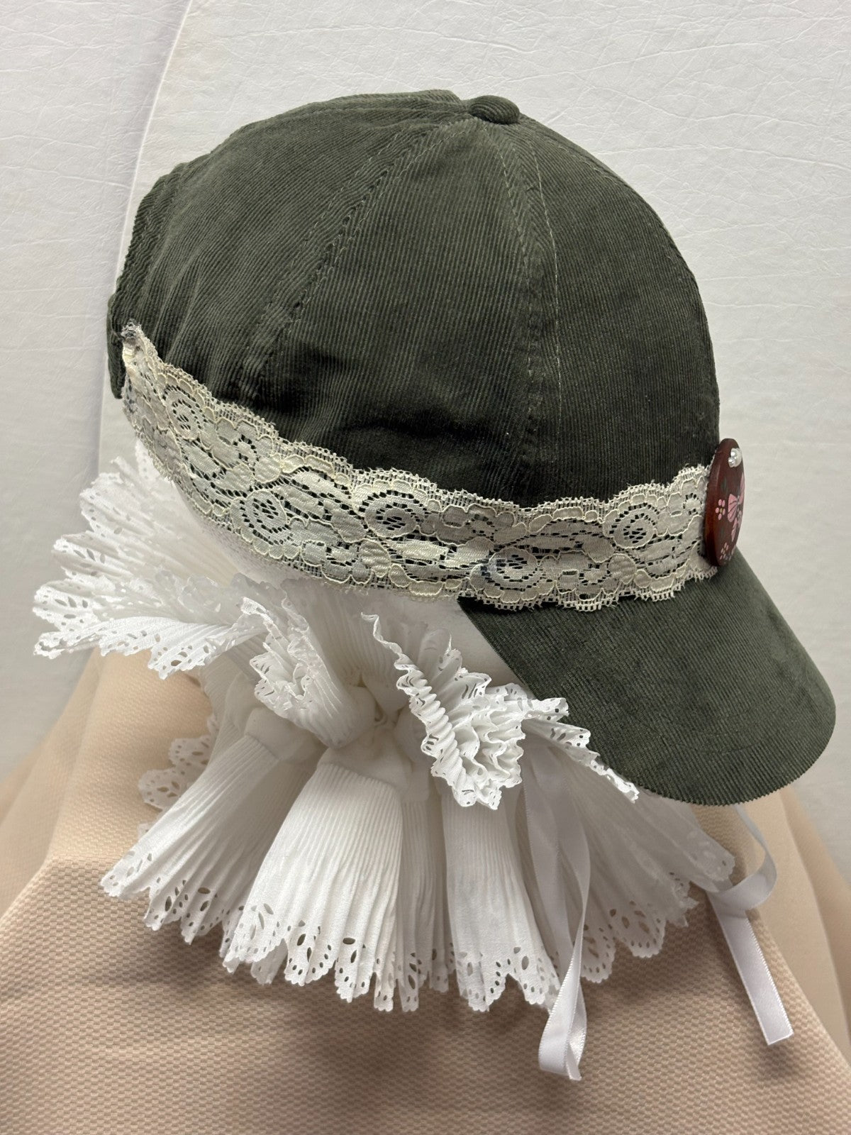 Olive Green Baseball Cap - White Lace band - Hand Painted Pink Butterfly Button