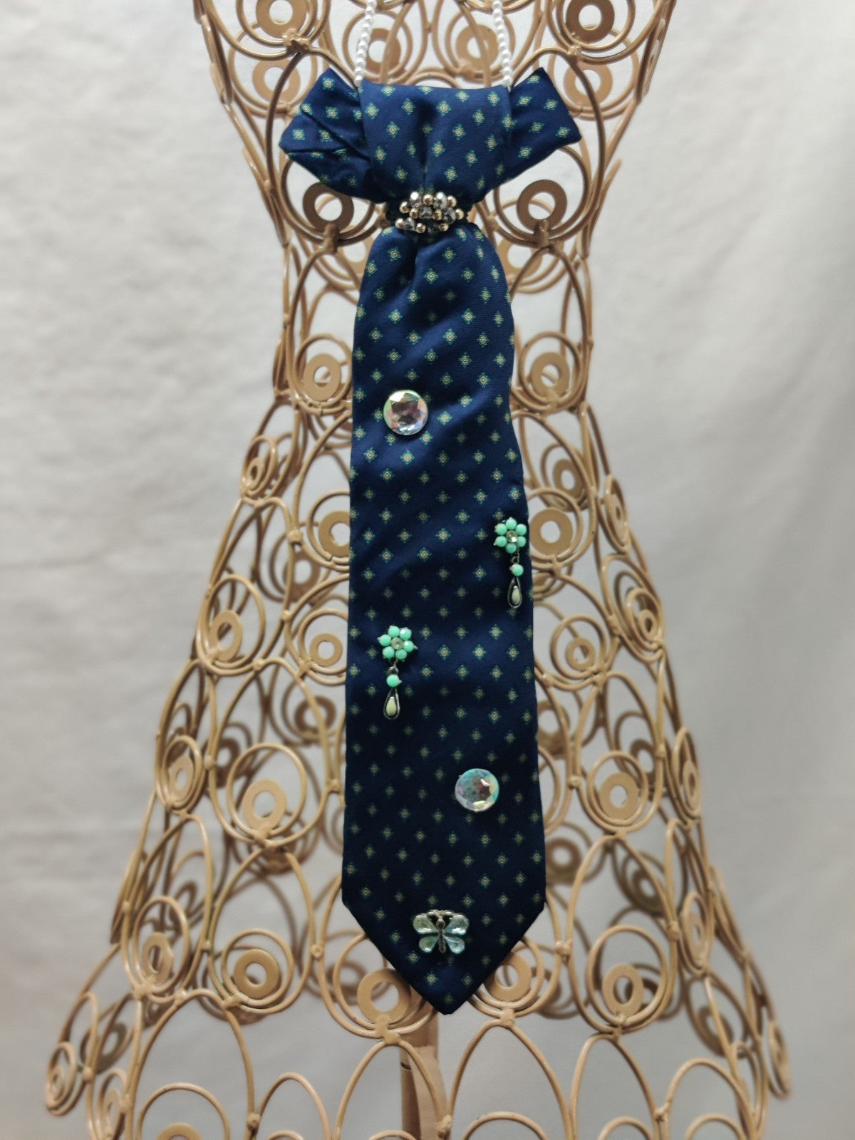 Women's Enchanted Garden Jabot Necklace - Navy Blue Diamond Tie - Crystal Flower