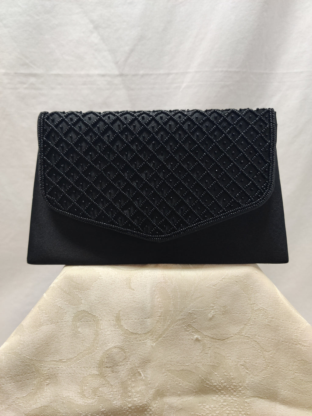 Vintage Bijoux Terner Black Beaded Satin Clutch - Evening Wedding Purse