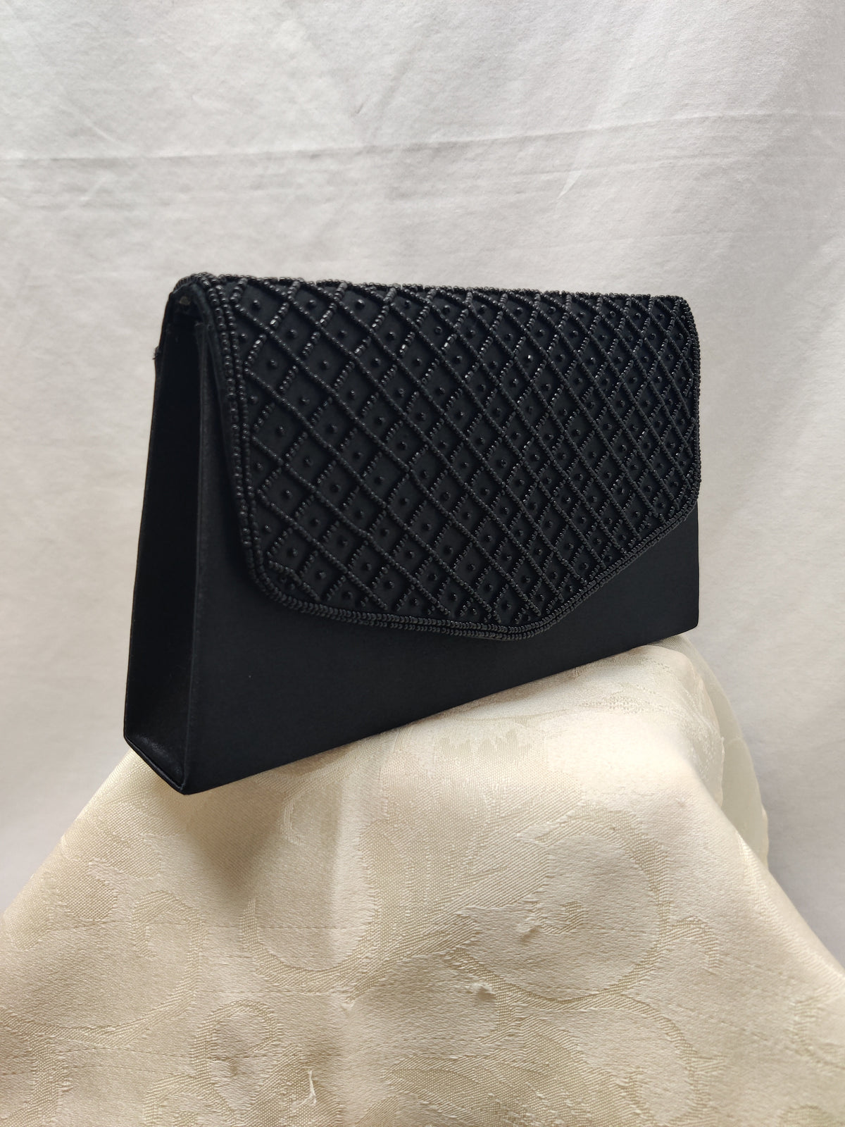 Vintage Bijoux Terner Black Beaded Satin Clutch - Evening Wedding Purse
