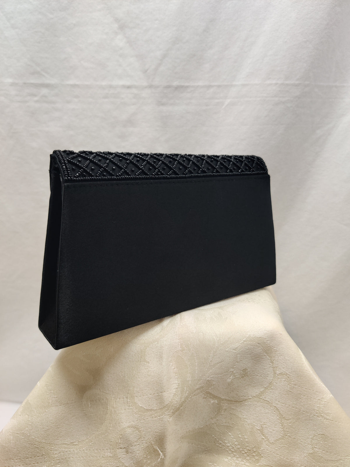 Vintage Bijoux Terner Black Beaded Satin Clutch - Evening Wedding Purse