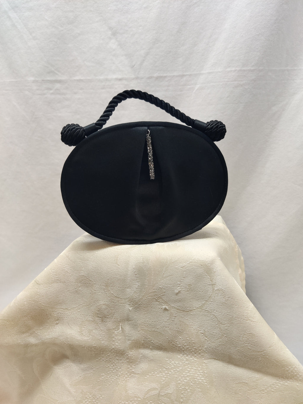 Vintage 80s Vanessa Paris NY London Black Satin Oval Evening Bag Rhinestone