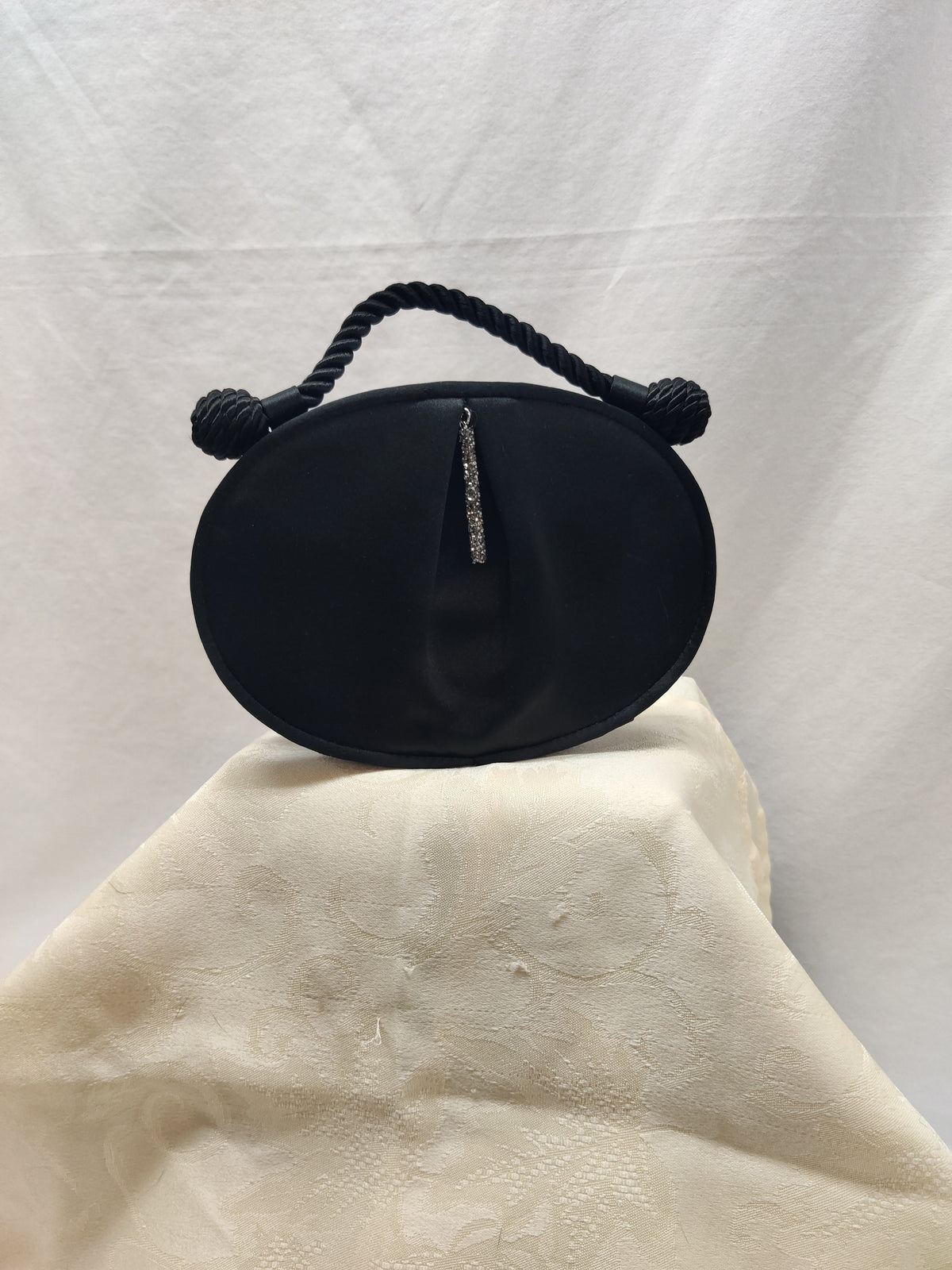 Vintage 80s Vanessa Paris NY London Black Satin Oval Evening Bag Rhinestone