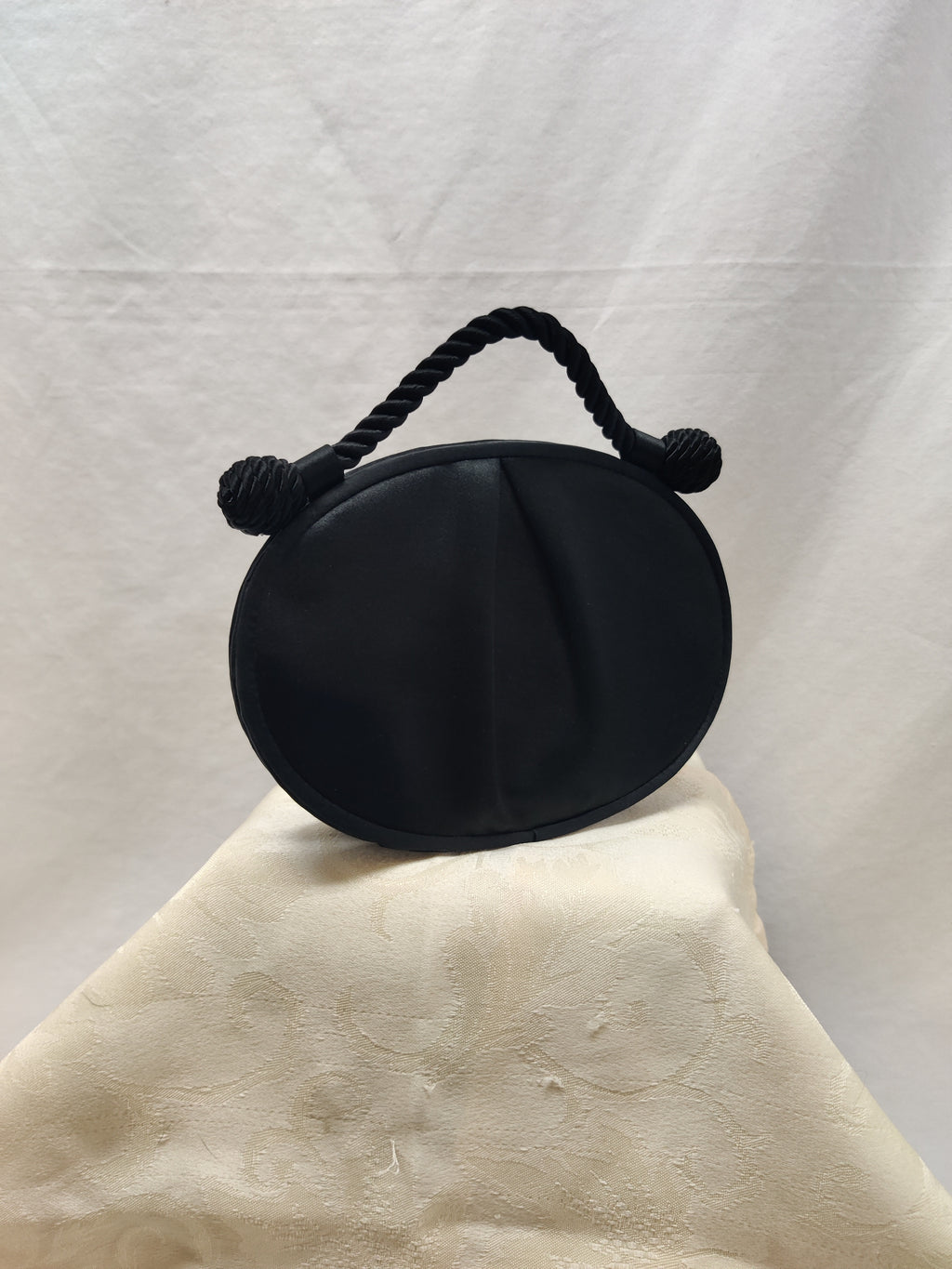 Vintage 80s Vanessa Paris NY London Black Satin Oval Evening Bag Rhinestone
