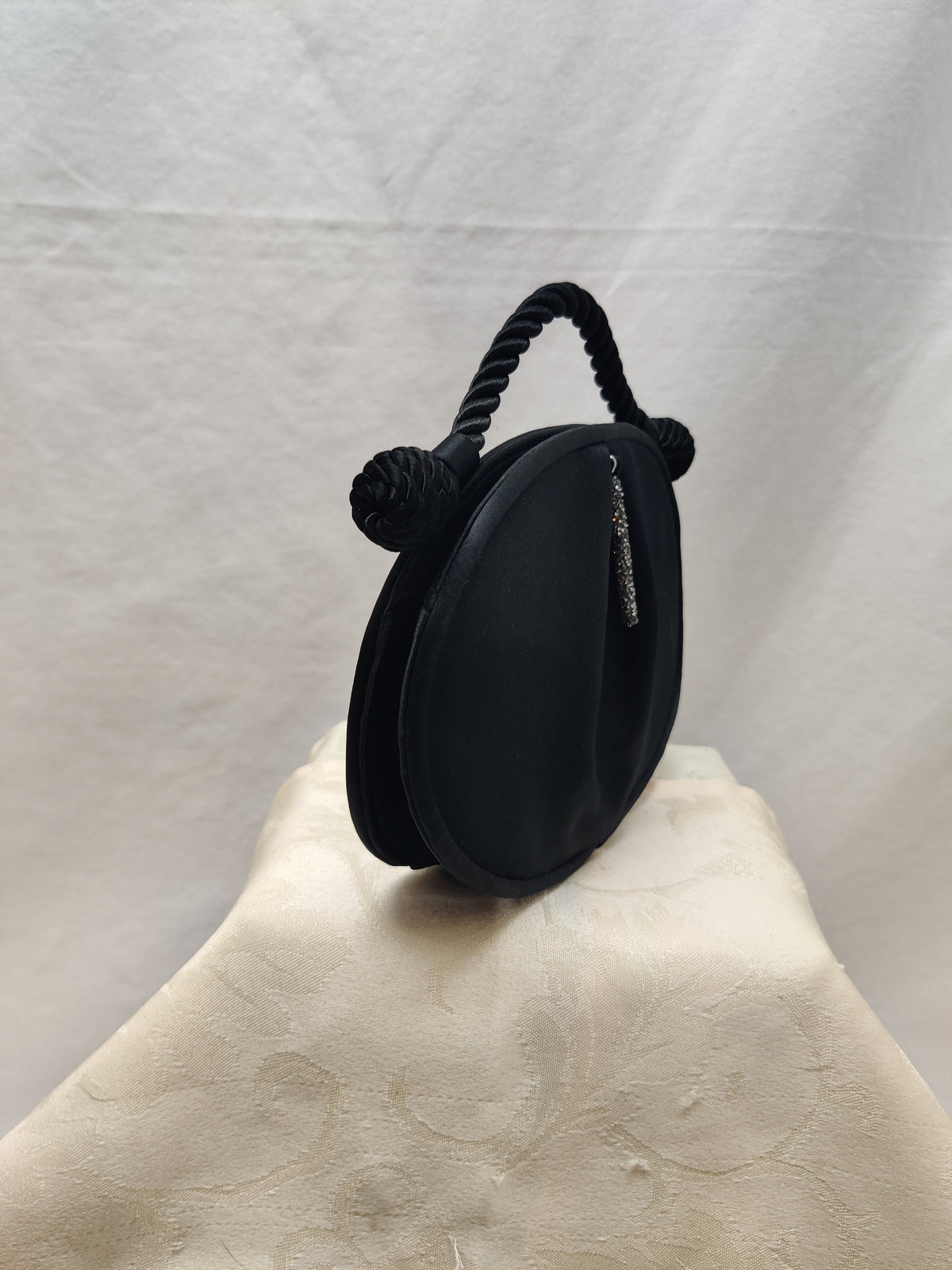 Vintage 80s Vanessa Paris NY London Black Satin Oval Evening Bag Rhinestone