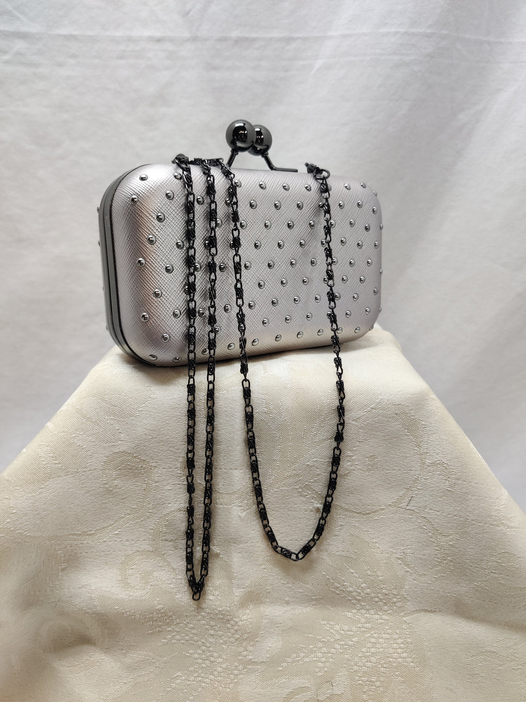 Silver Studded Box Clutch Minaudiere Evening Bag with Chain Strap - Prom Party