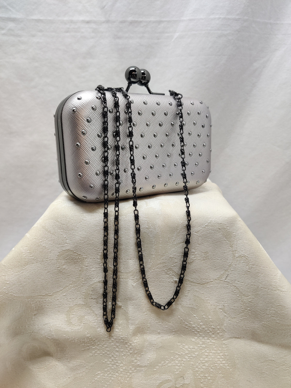 Silver Studded Box Clutch Minaudiere Evening Bag with Chain Strap - Prom Party