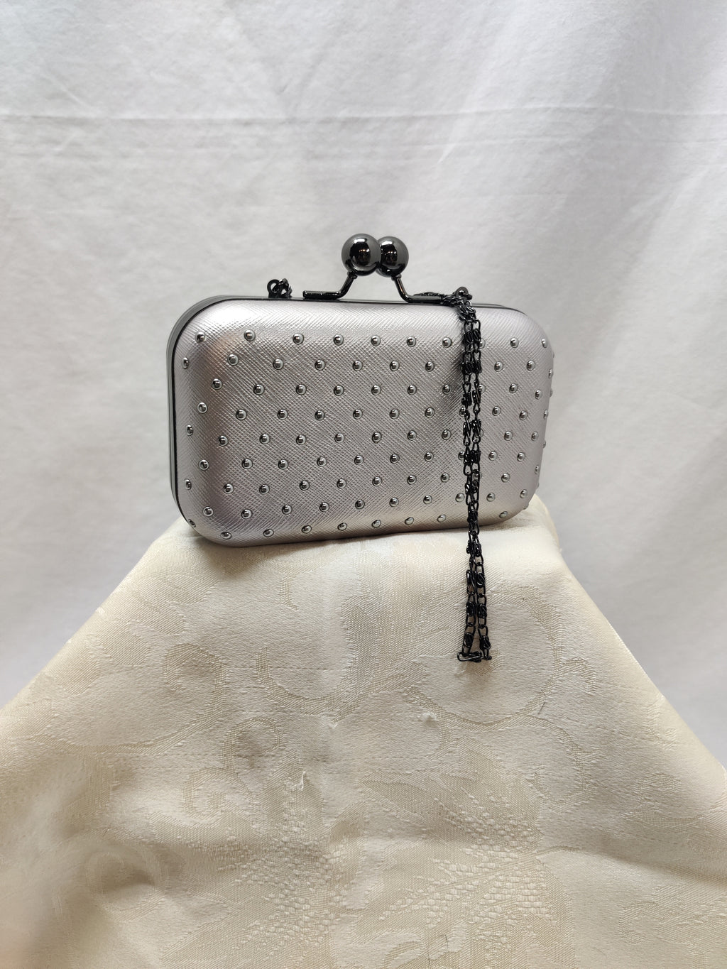 Silver Studded Box Clutch Minaudiere Evening Bag with Chain Strap - Prom Party