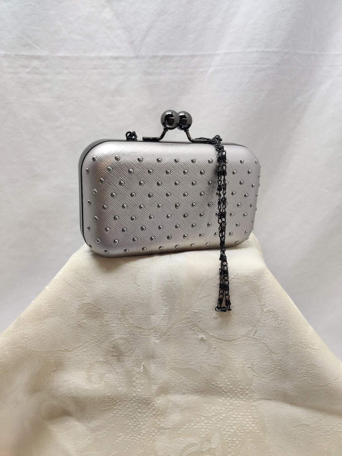 Silver Studded Box Clutch Minaudiere Evening Bag with Chain Strap - Prom Party