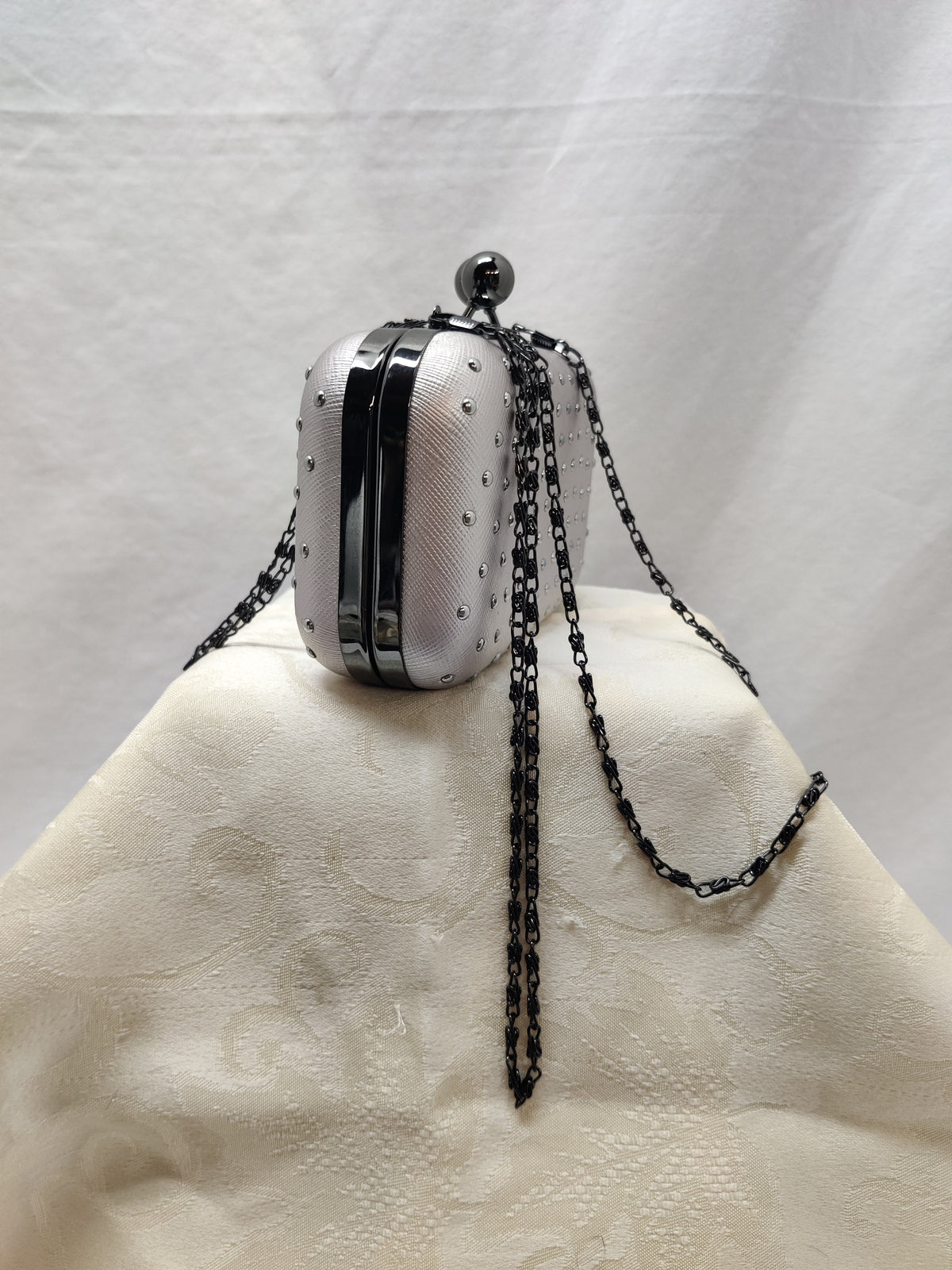 Silver Studded Box Clutch Minaudiere Evening Bag with Chain Strap - Prom Party